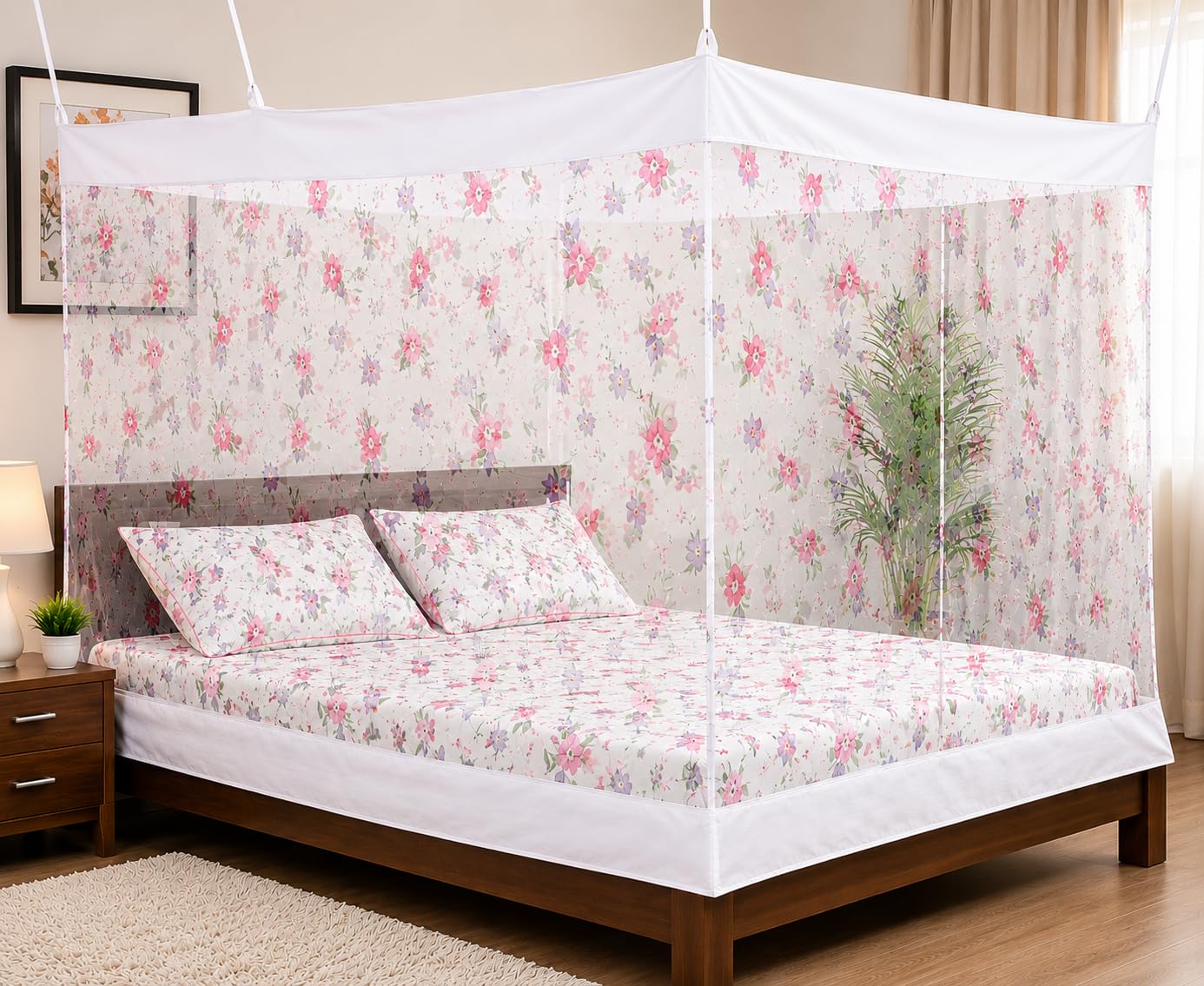 Ans Mosquito net for Bed Large Size White Printed Heavy Quality Polyester Soft (7 x 7 ft Large King Size)-image-17
