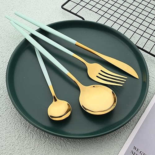 Miniatura 5 de BRIIEC Juego de cubiertos de acero inoxidable de 24 piezas, color verde menta y dorado espejo, incluye tenedor, cuchara y cuchara, servicio para 6