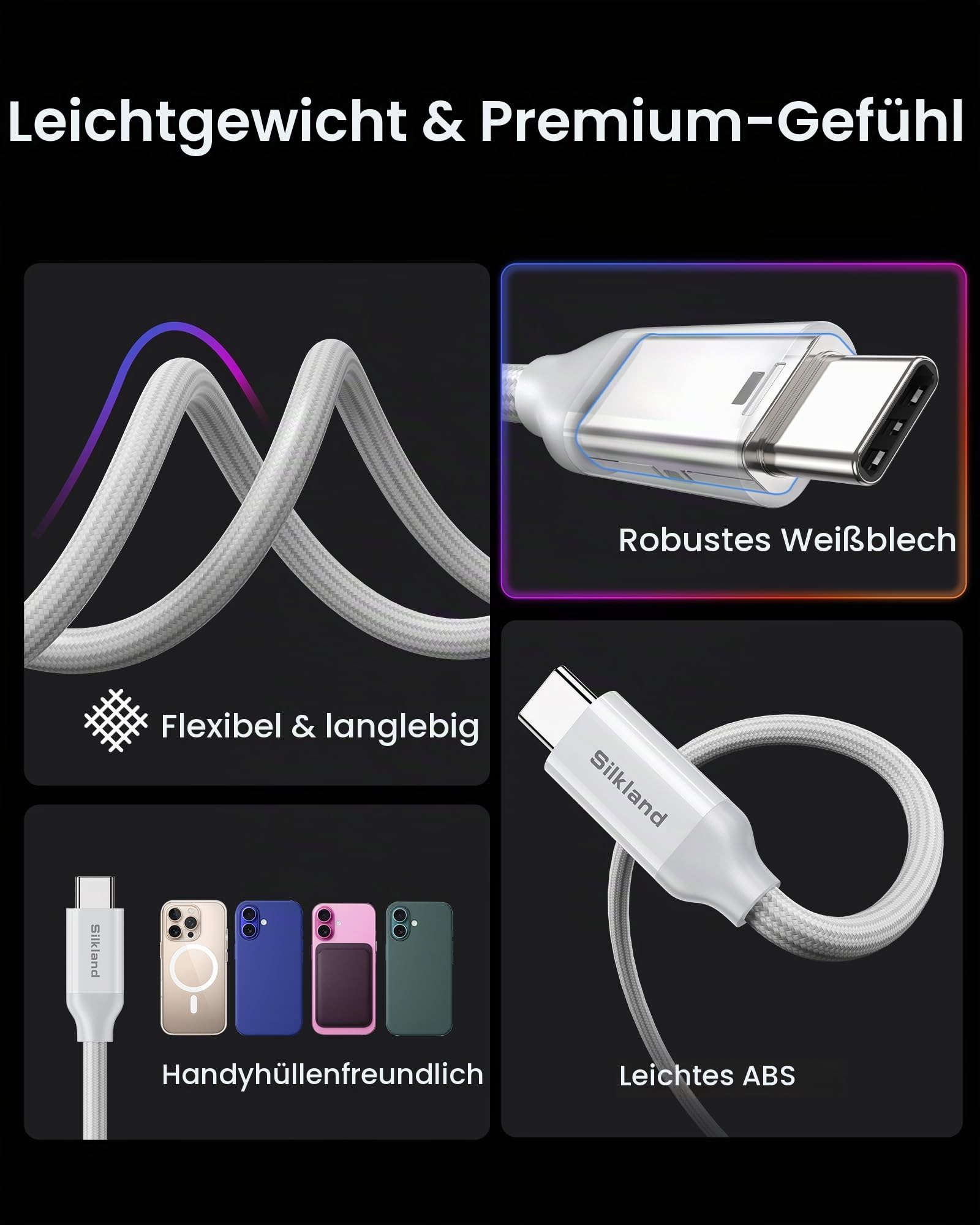 Silkland USB4 USB-C Datenkabel 3m Weiß, 40Gbps 240W Schnellladen, 8K Video