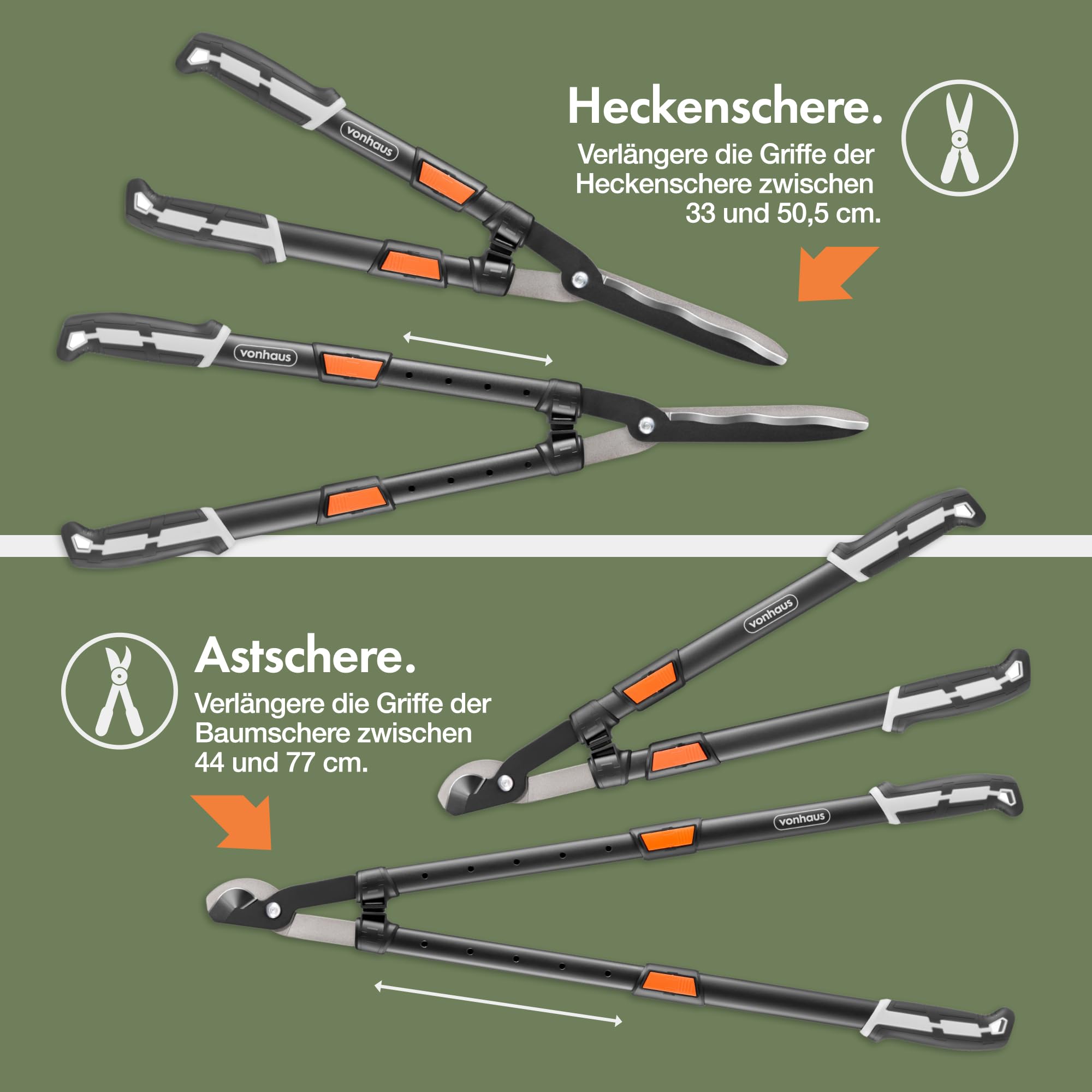 VonHaus 3-Teiliges Gartenscheren Set – Baumschere, Heckenschere, Gartenschere – Teleskopisch Verlängerbare Strauchschere mit Weichen Griffen – Leicht