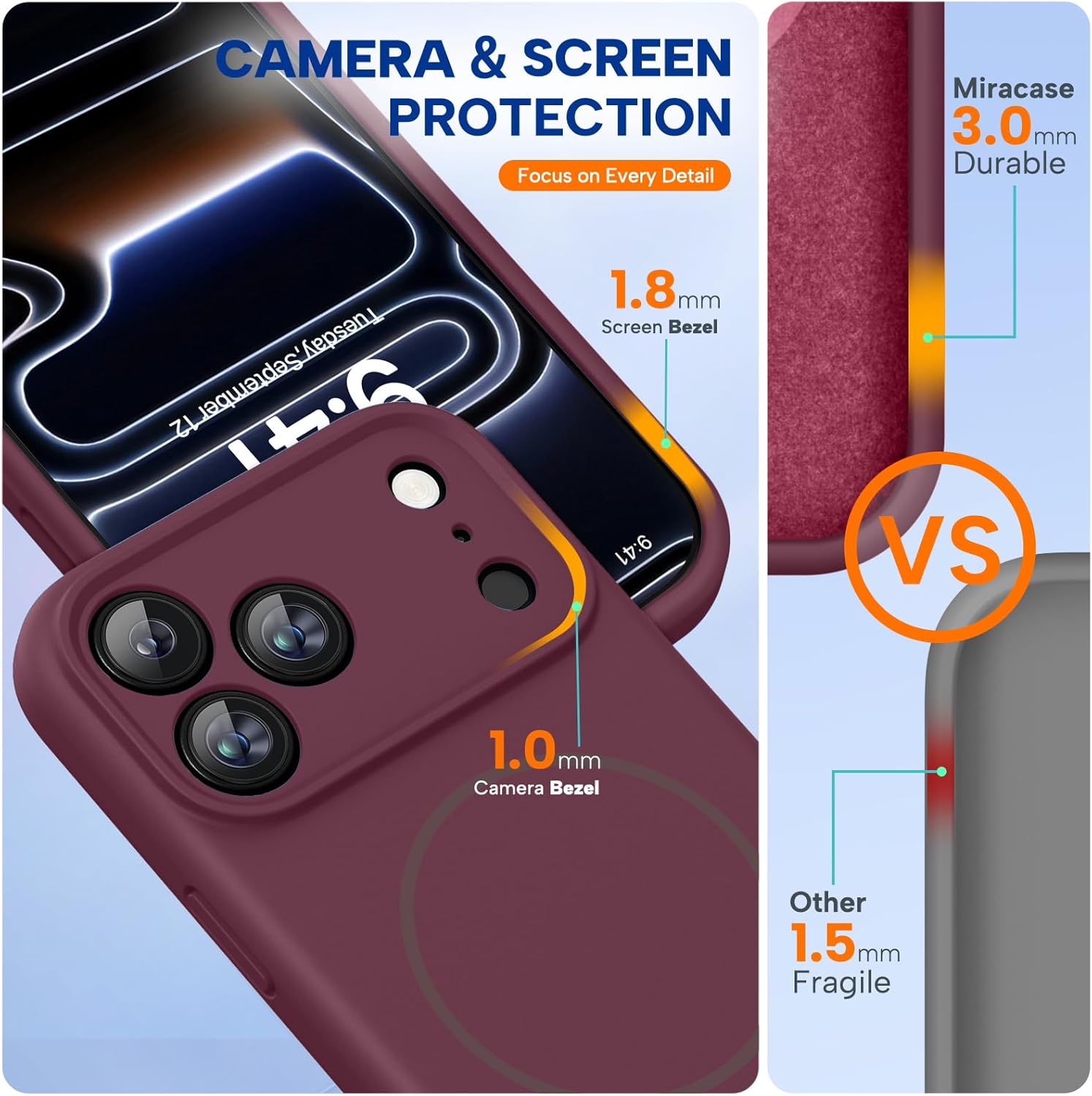 Miracase Magnetic for iPhone 17 Pro Case, Compatible with MagSafe, Integrated Silicone Camera Control Cover, 3.0mm Thicken Shockproof Drop Protection Phone Case for 17 Pro,Wine Red