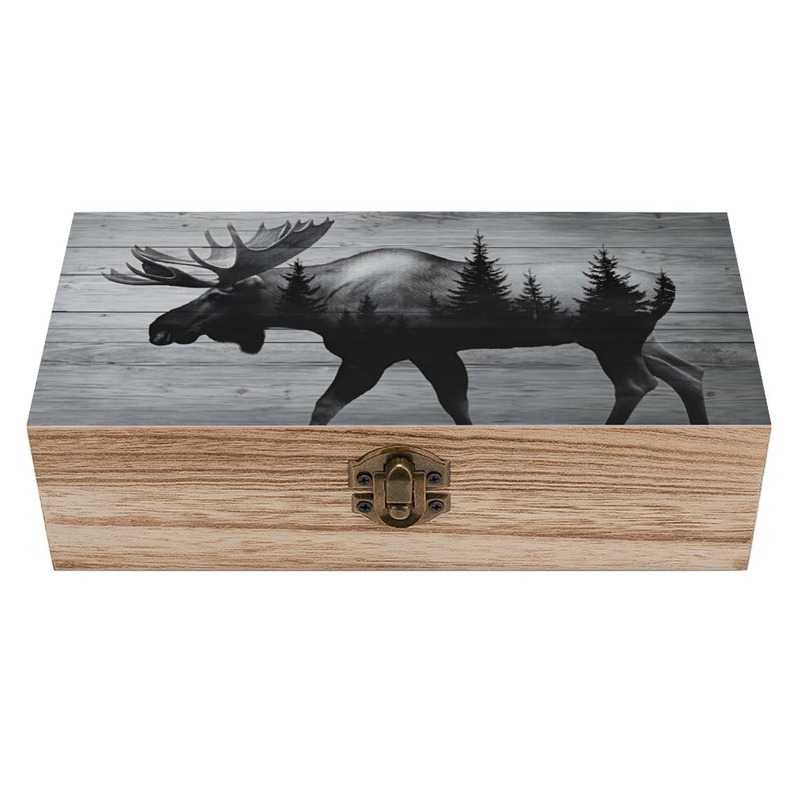 SMAZDFXX Moose Silhouette Wood Background Wooden Keepsake Box Vintage Solid Wood with Hinged Lid 7.9"×3.7"×2.3" Metal Latch Rustic Home Decor for Jewelry Photos And Trinkets