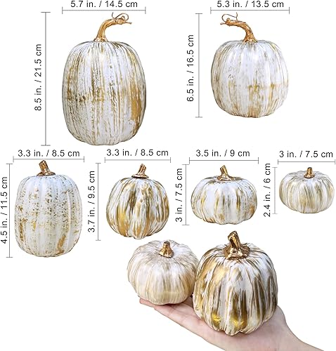 Miniatura 2 de Winlyn 10 calabazas artificiales surtidas de otoño, calabazas decorativas de espuma doradas y blancas para bodas, Acción de Gracias, Halloween, baby
