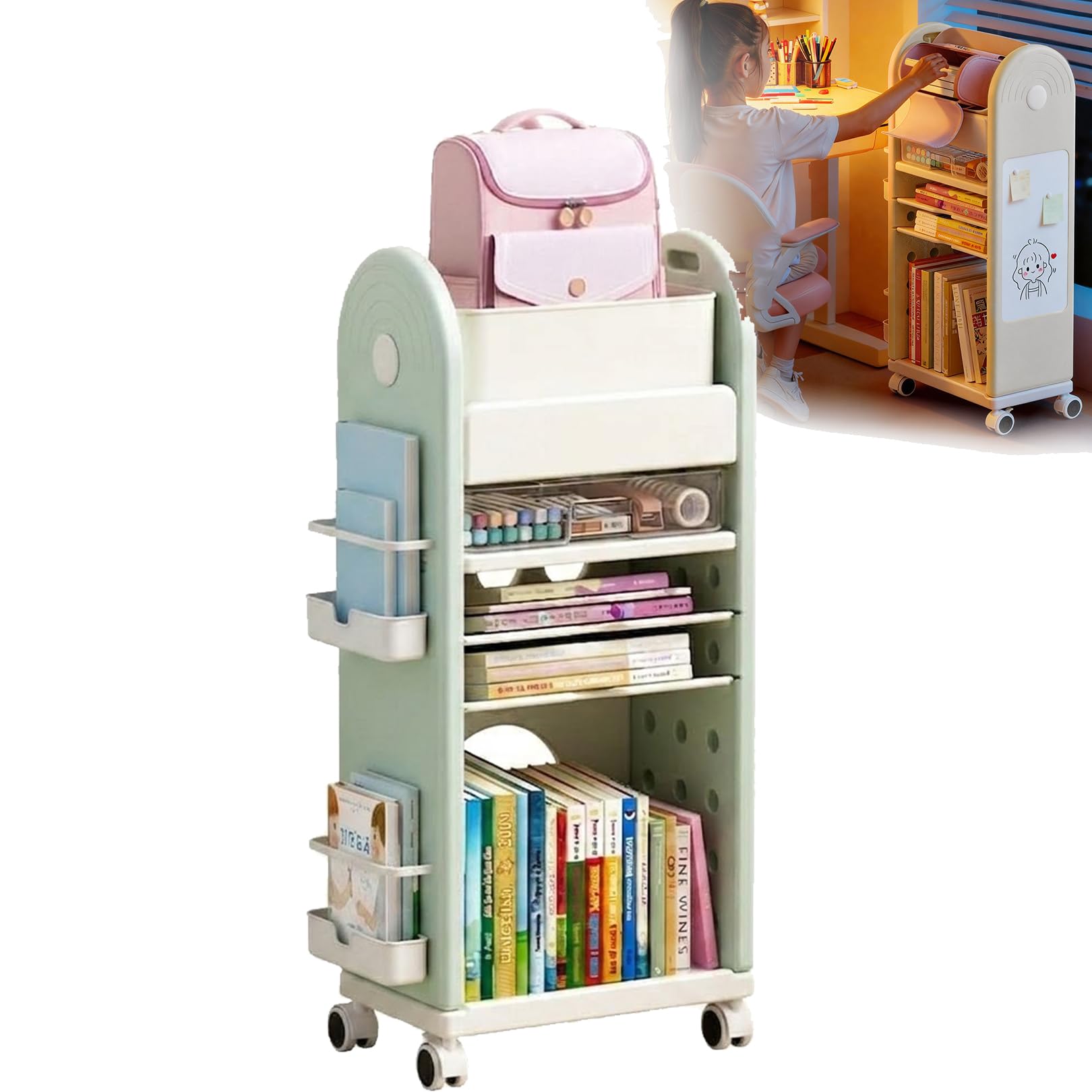Home Bookcase Multifunctional 3Tier 5 Tier Bookshelf Organizer, Utility Cart with Lockable Casters, Narrow Rolling Storage Cart for Living Room, Bedroom, Kitchen (green,5tier)