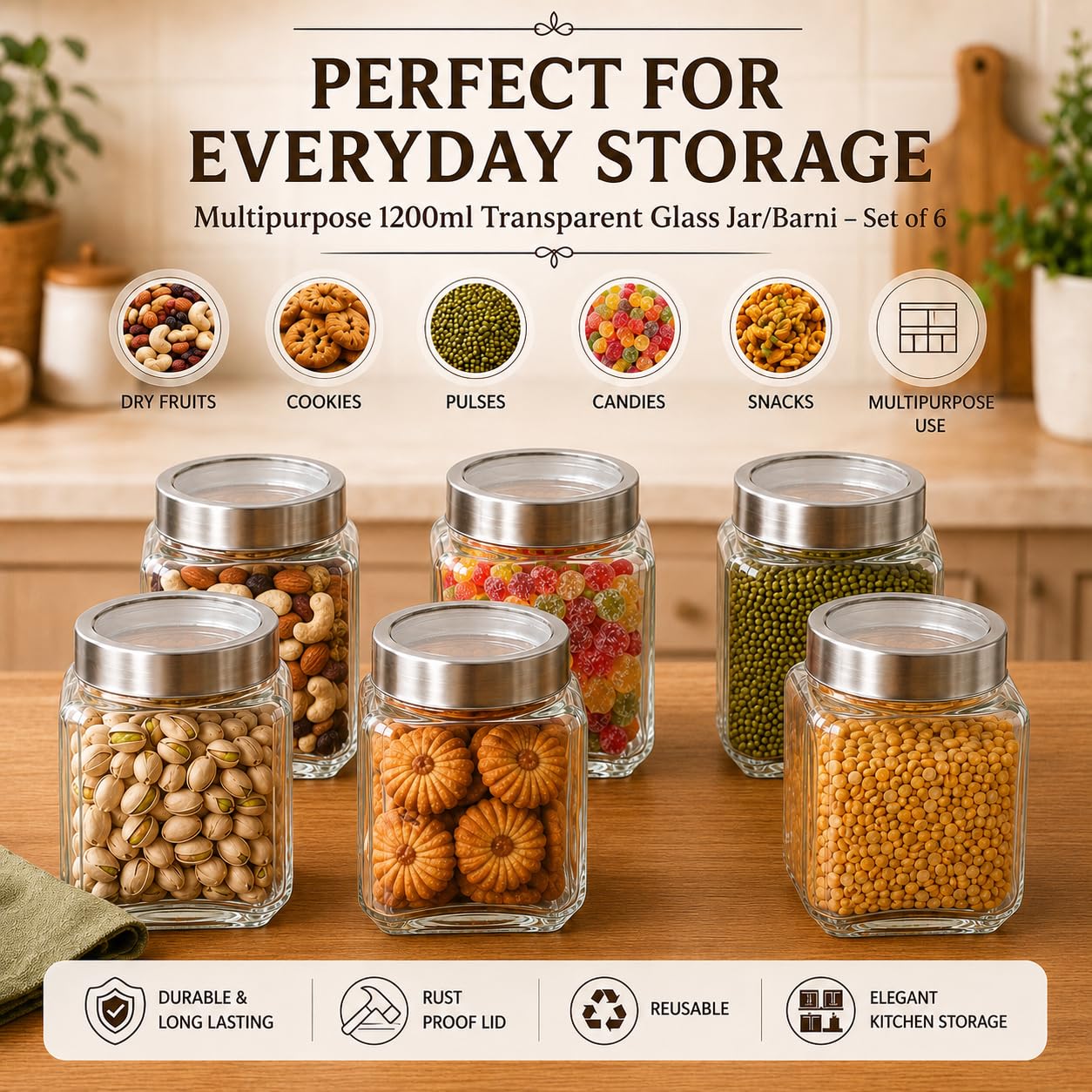 Cutting EDGE Multipurpose 1200ml Transparent Glass Jar/Barni (Set of 6) 1