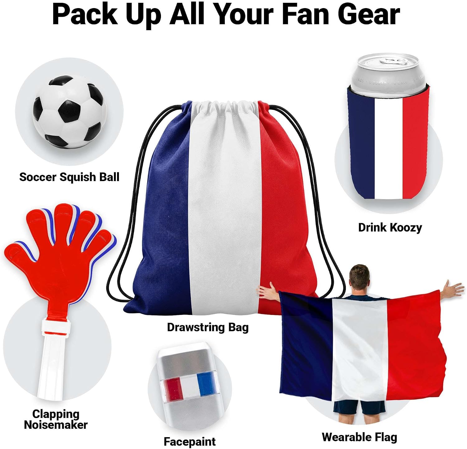 G128 France Soccer Fan Kit 6 PCS, Game Day Supporter Set with Wearable Flag, Koozie, Clapper, Squishy Ball, Drawstring Bag & Face Paint, Soccer Fan Gear, Tailgate & Watch Party Accessories