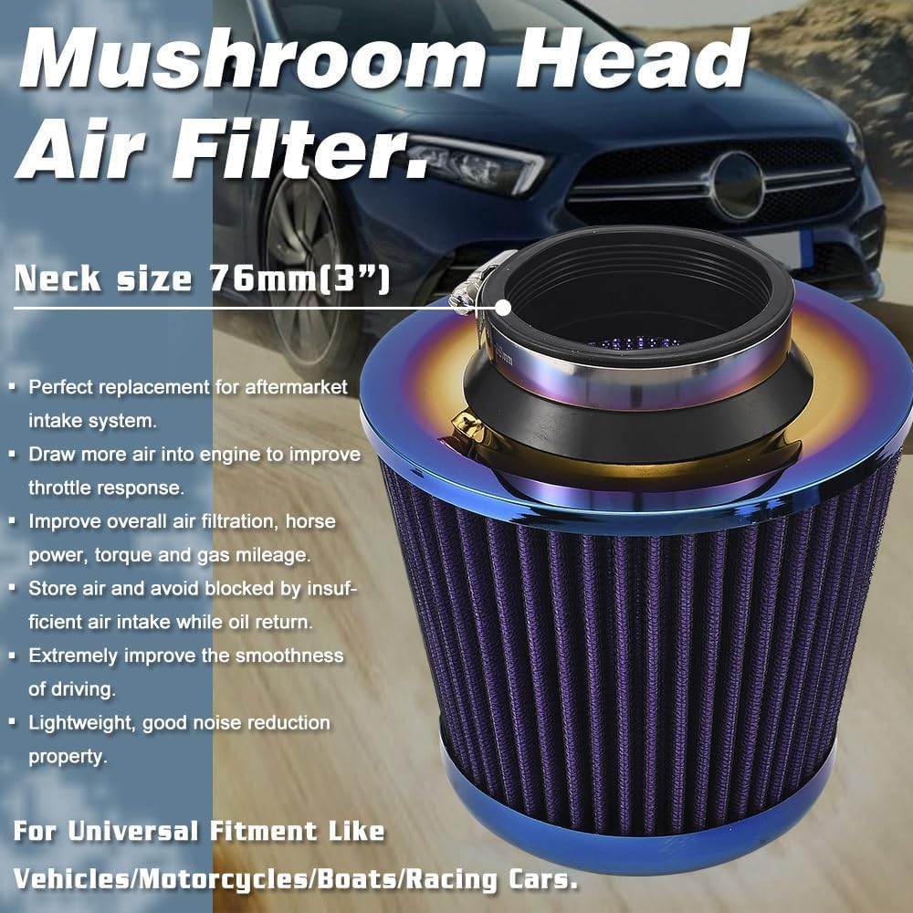 Blueshyhall Universal Clamp-On Air Intake Filter, Car High Flow Cold Air Inlet System Round Tapered Head Replacement Filter, Fit Intake Tube with 3 inch Diameter - Purple