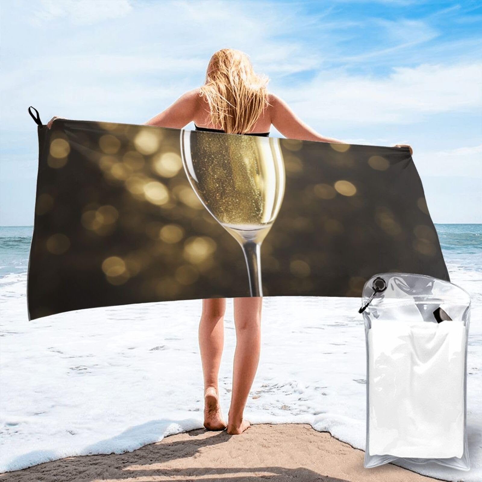 DWVTSLH Microfiber Sand Free Beach Towel 27.5"x55", Quick Dry Absorbent Travel Towel Large Camping Blanket, Champagne Bath Towels Lightweight Pool Swim Towels for Vacation Essentials