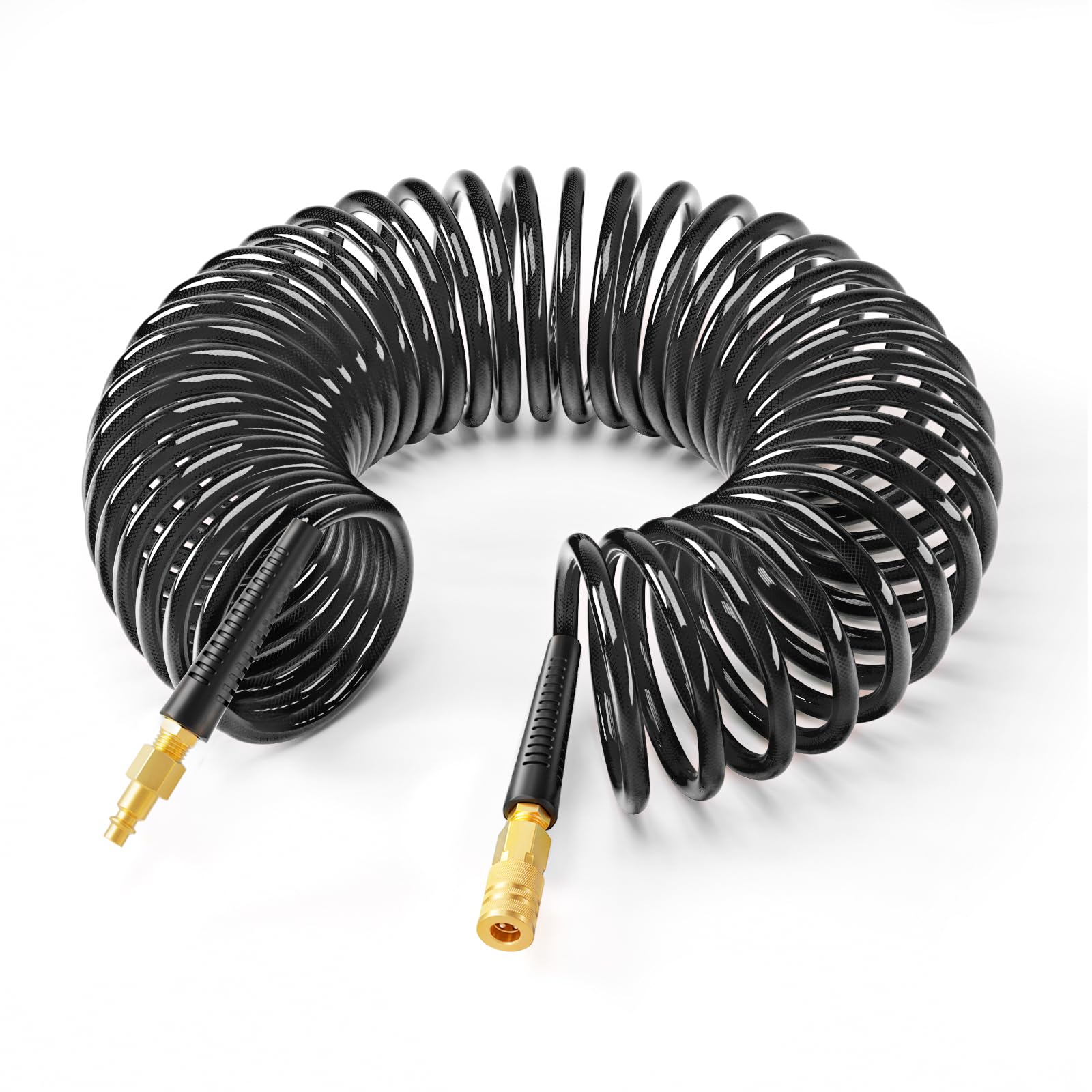 GASHER 3/8" 25FT Polyurethane Recoil Air Hose with Quick Coupler Plug Black