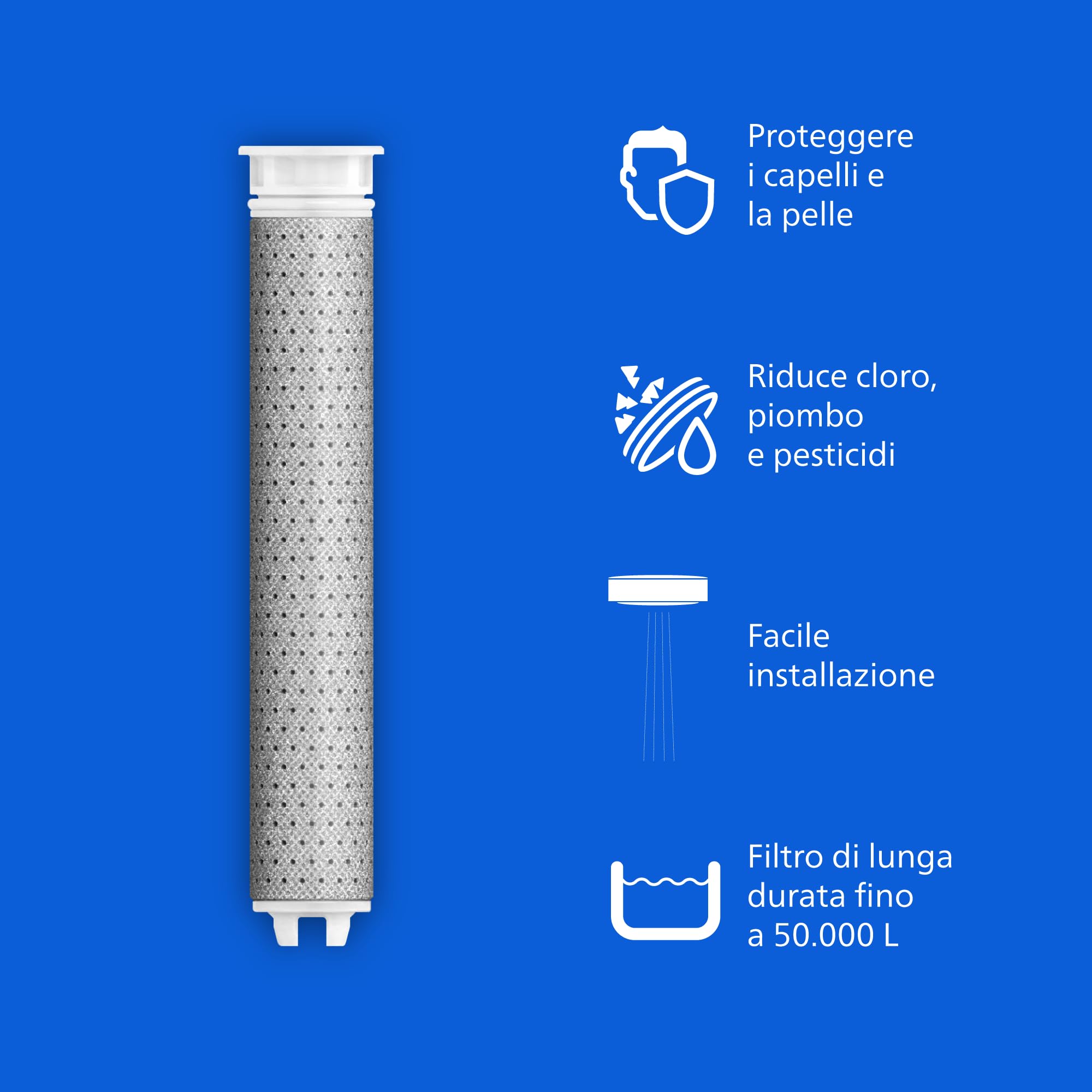 Filtri di ricambio per Philips Water Filtration Showerhead, Rimuove efficacemente il cloro e altre particelle di grandi dimensioni, Tre modalità di getto, Capacità del filtro di 1 mese