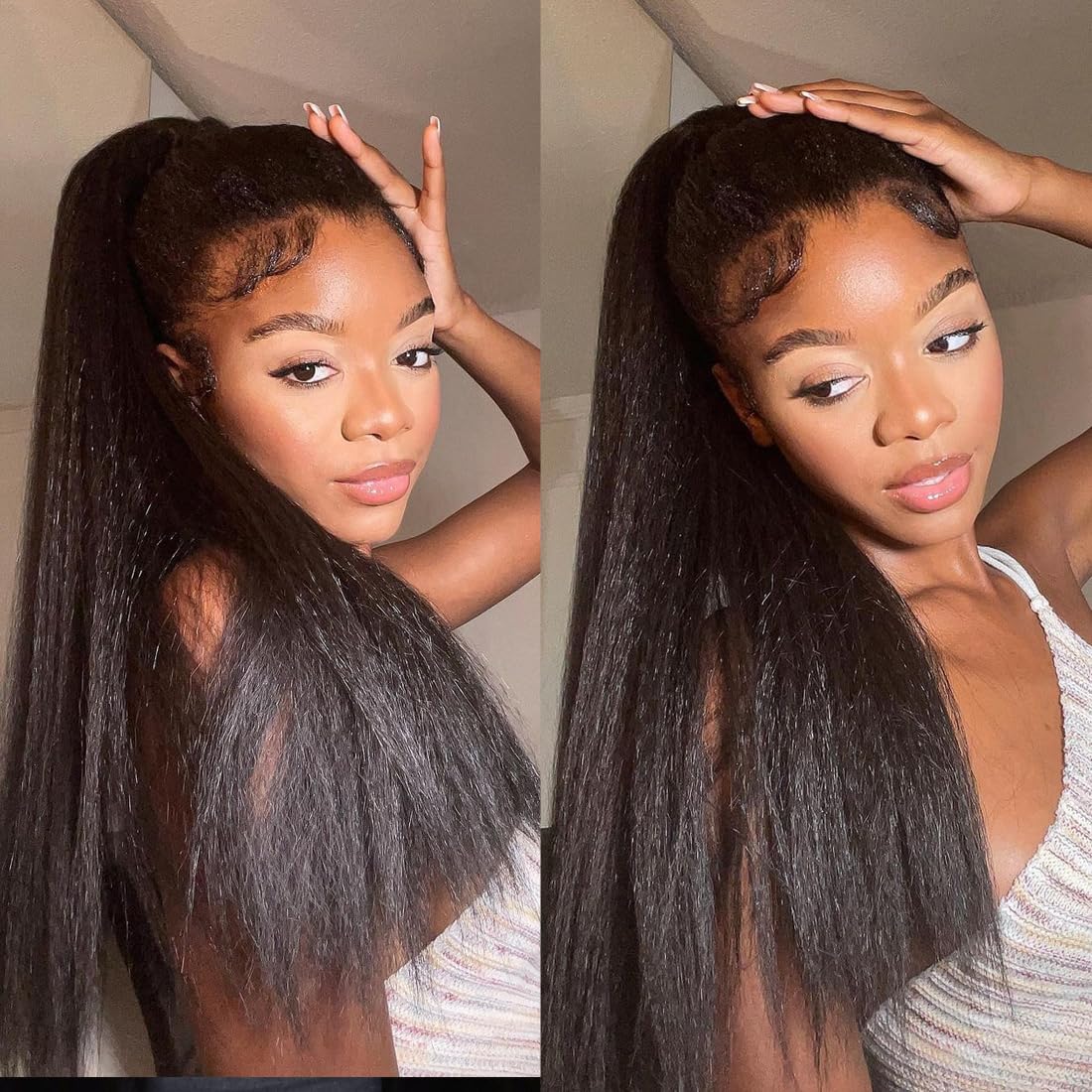 26 inch 13x4 Kinky Straight Lace Front Wigs Human Hair Pre Plucked 180 Density HD Lace Frontal Wigs Yaki Straight Human Hair Wig with Baby Hair Bleached Knots Brazilian Kinky Straight Wig
