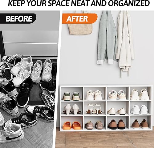 Miniatura 7 de Zapatero de 12 compartimientos, organizador de zapatos de madera de 3 niveles, banco organizador de zapatos multifuncional para entrada, vestíbulo,