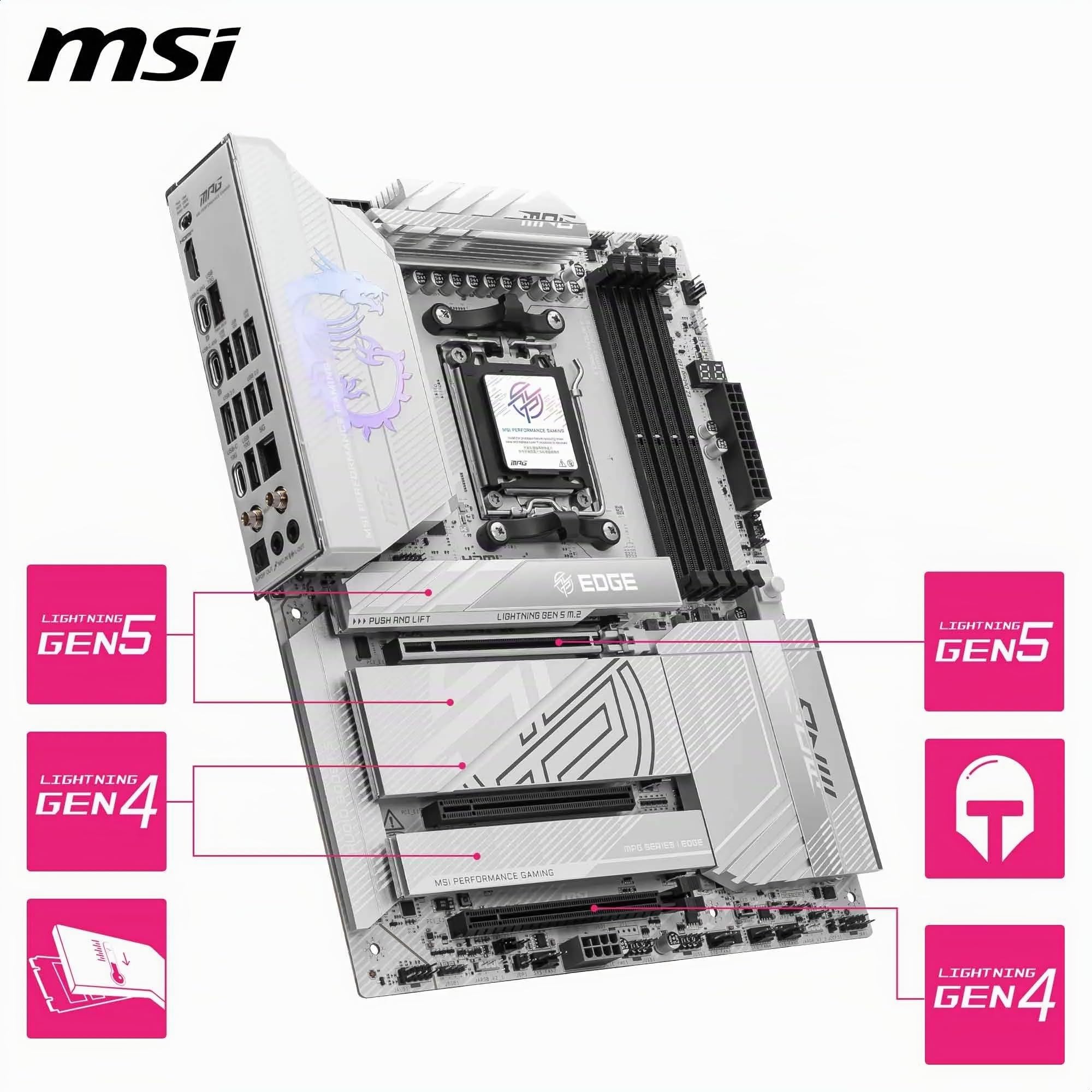 MSI Carte mère MPG X870E Edge TI WiFi, ATX - Prend en Charge Les processeurs AMD Ryzen 9000/8000/7000, AM5-80A SPS VRM, DDR5 Memory Boost 8400+MT/s (OC), PCIe 5.0 x16, M.2 Gen5, Wi-FI 7, 5G LAN