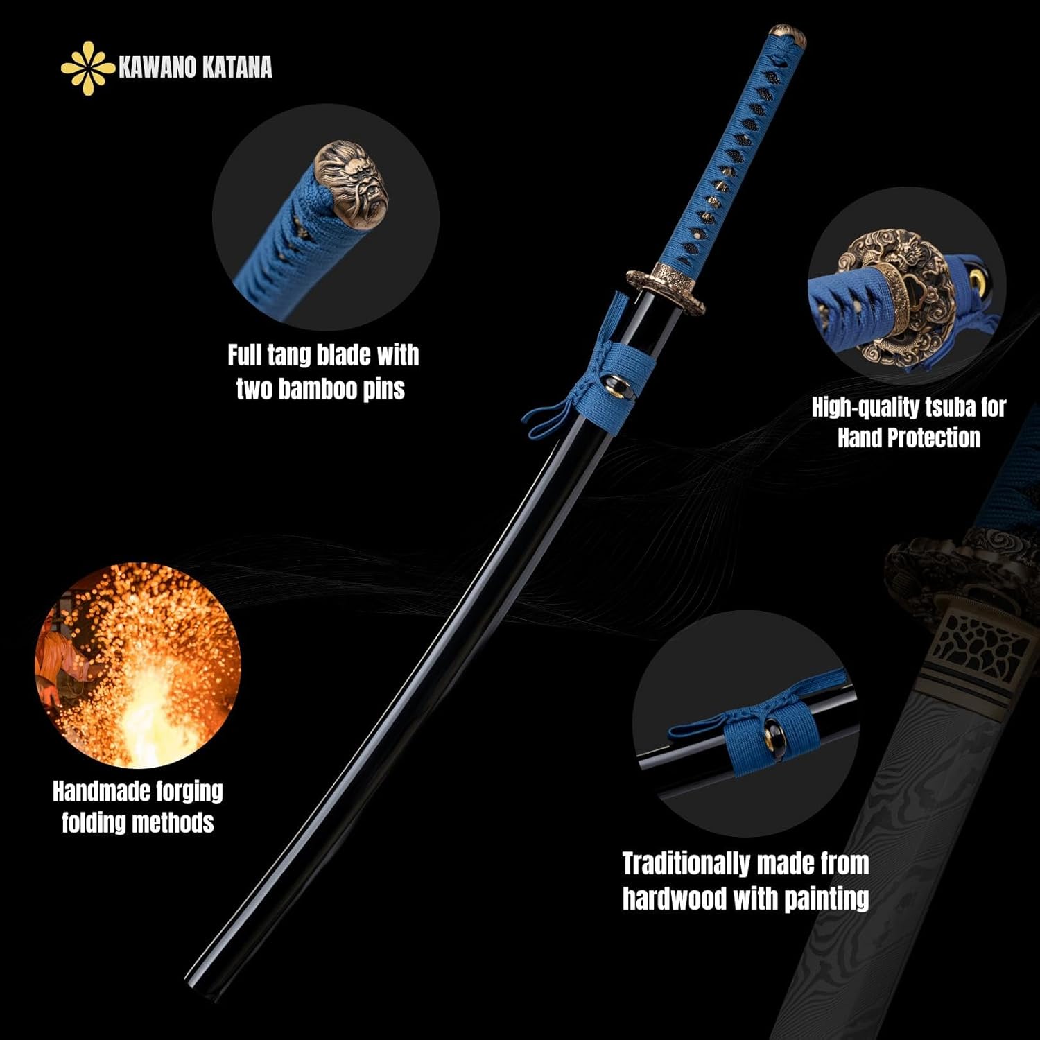 KAWANO Katana Sword, Japanese Handmade Damascus Steel Folded Samurai Sword, Functional Full Tang Blade Katana, Real Rayskin Handle with Gift Bag