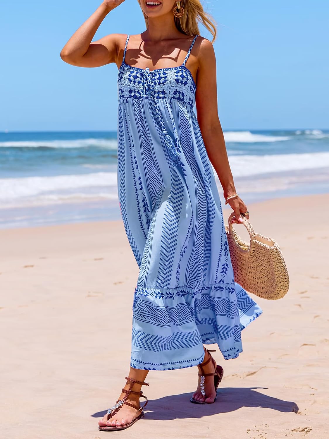 Women Boho Ethnic Maxi Dress Crochet Patchwork Slip Sleeveless Long Lace Flowy Swing Dress Beach Sundresses