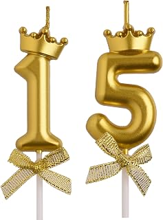 15th Birthday Candles, Gold 3D Number 15 Happy Birthday Candle with Crown, Cake Topper Decorations for Teenagers Boys Girls