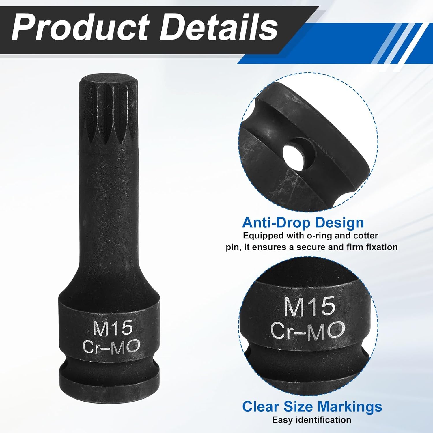 HARFINGTON 1/2" Drive M15 Triple Square Impact Spline Bit Socket 15mm CR-MO Steel 12-Point Triple Square Sockets with Cotter Pin and O-ring for Power Drill Drivers Adapter