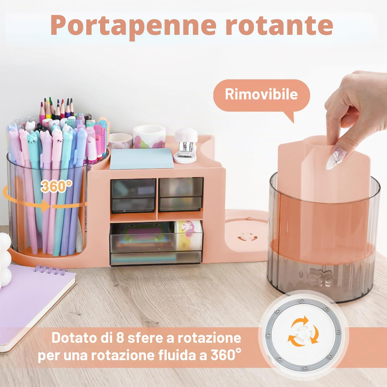 RETON Organizer da scrivania girevole con 2 portapenne, organizer multifunzione con 3 cassetti, 10 scomparti, portapenne per scrivania, scuola, casa, ufficio
