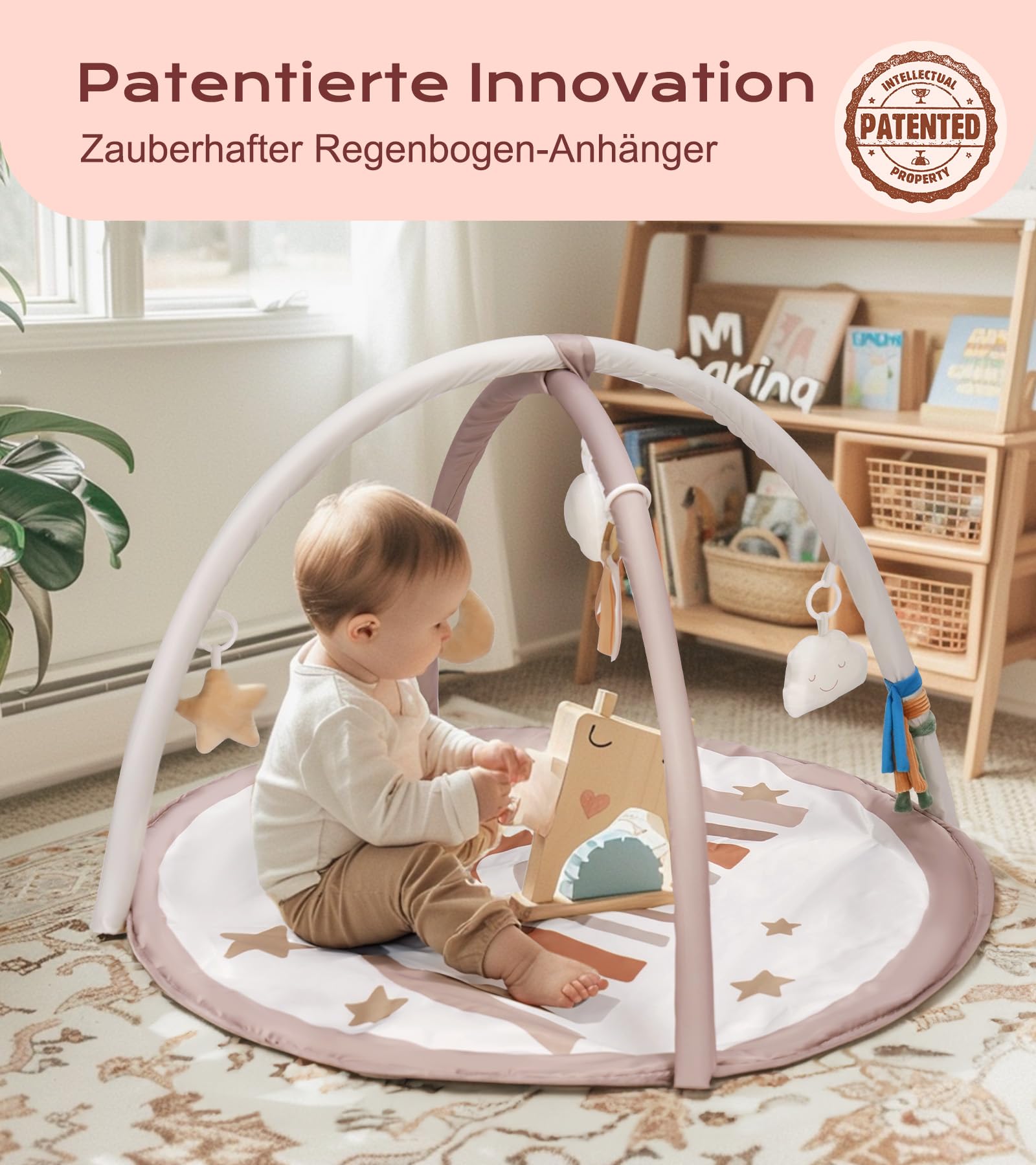 Mallify Spielbogen Baby Mädchen, Krabbeldecke für Baby mit 7 abnehmbaren sensorischen Spielzeugen und 12 Meilensteinkarten, Spieldecke baby ab Geburt, Baby Gym 0-6 Monate, Rainbow