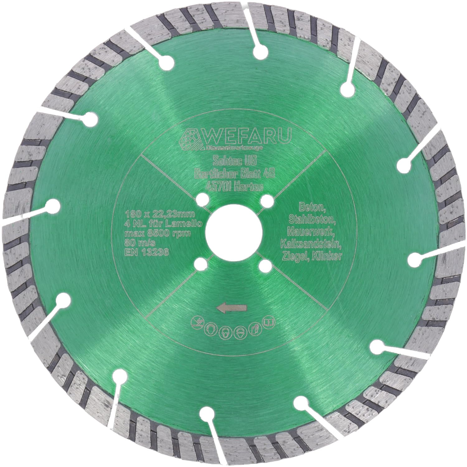 Profi Diamanttrennscheibe TLM 12 – 180 mm passend für FEIN MF 14-180 & Lamello Tanga DX200 – 12 mm Turbo-Segmente – Fensterfräse Zubehör für die Fenstersanierung – 4 Nebenlöcher