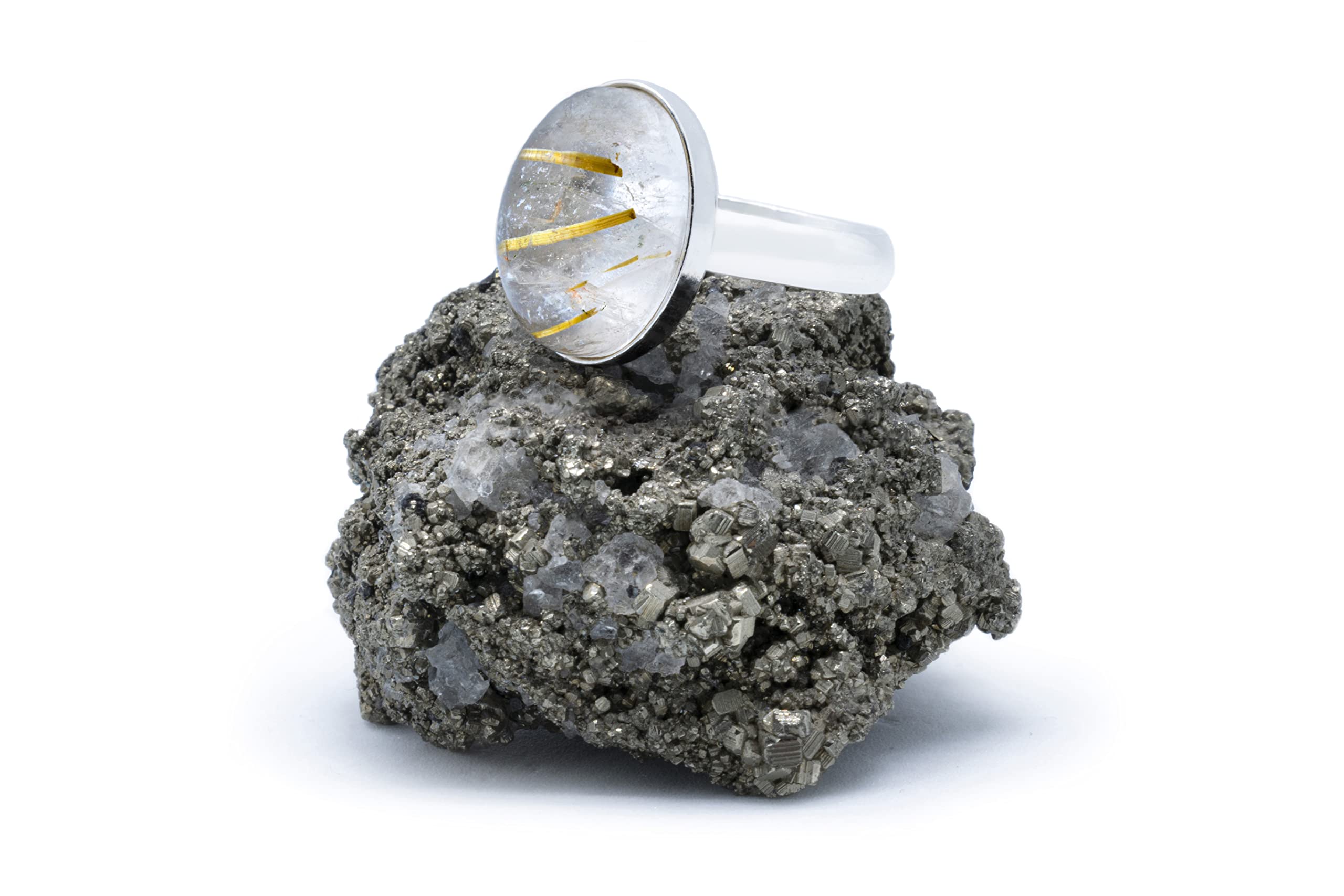 Anillo de Plata 925 con Cuarzo Rutilado Dorado (Piedra Natural) 14x10mm - Disponible Anillo Ajustable, Tamaño de XS a XXXL, para Hombre, para Mujer - Caja Regalo Gratis