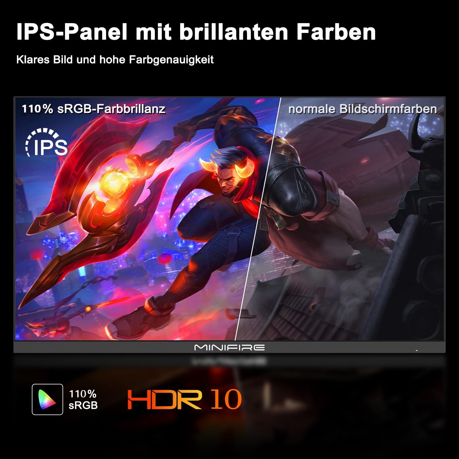 Minifire Monitor 22 pollici, FULL HD(1920 x 1080), IPS, 75 Hz, Adaptive Sync, Flicker Safe, 110% sRGB, Contrasto 3000:1, Tempo di Risposta 5 ms, HDMI 1.4, VGA, VESA, Reclinabile, Nero