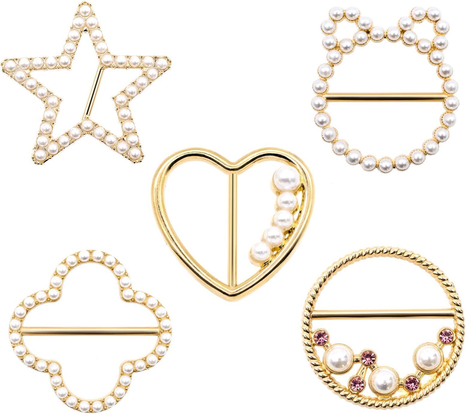OELFFOW5-Pack T-Shirt Clips, Trendy Alloy Pearl Rhinestone Round Clip Button Round Shirt Silk Scarf, Corner Knotted Buttons Scarf Buckles, Adjustment Buckles