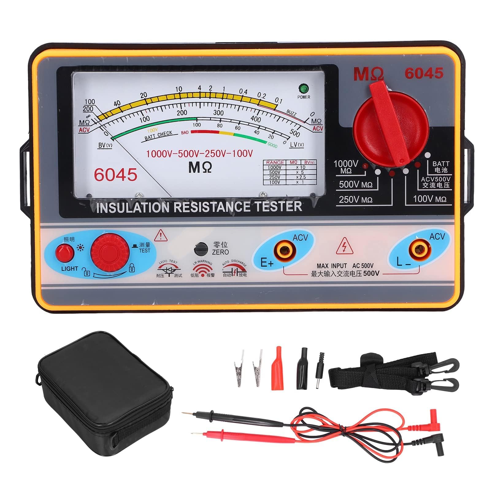 TY6045 Testeur de Résistance D'isolement Mégohmmètre Portable 1000V 5MΩ‑2000MΩ Mesures de Résistance ABS Mètre 10-2000M±10% Longueur D'arc