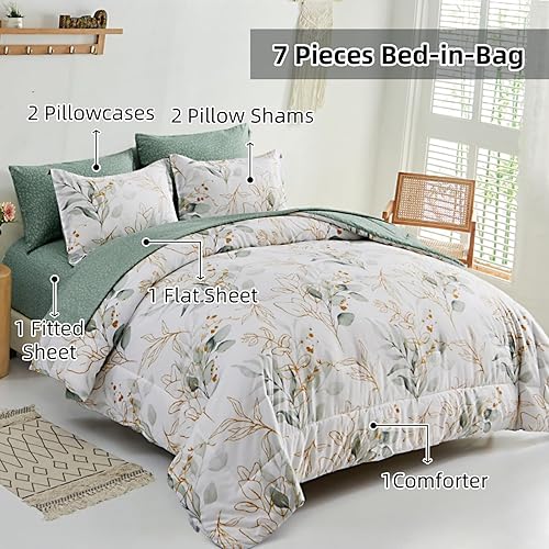 Miniatura 3 de WONGS BEDDING Juego de edredón botánico reversible de 7 piezas con diseño floral en una bolsa, de microfibra con hojas verdes y doradas, tamaño King
