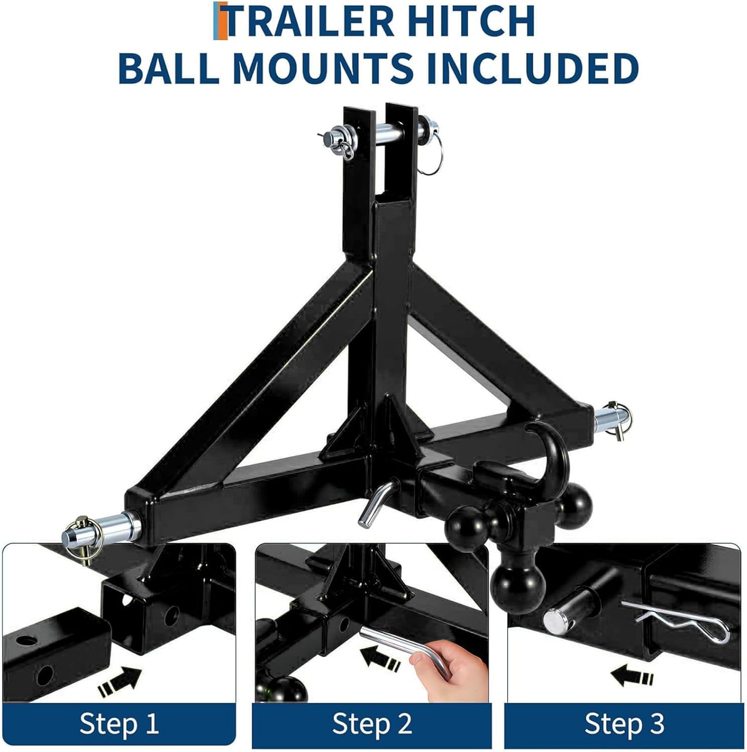 Heavy Duty 3-Point Tractor Trailer Hitch, Cat 1 Drawbar with 2" Receiver, Towing Ball Mount & Hook, Quick Hitch Attachment for Kubota & Category 1 Subcompact Farm Tractors