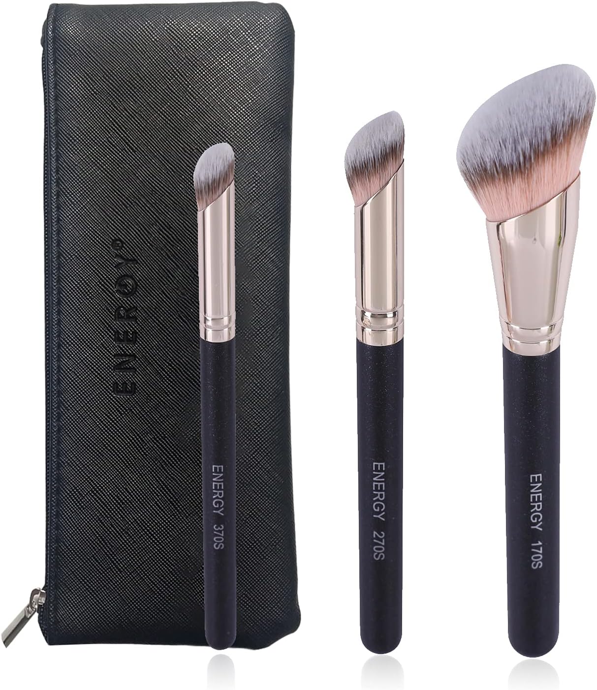 ENERGY Kabuki Foundation Brushes 3Pcs Professional Makeup Brush Set for Setting Powder Foundation Concealer Bronzer Blending with Liquid Cream Foundation Mineral Powder Comsetics with PU pouch
