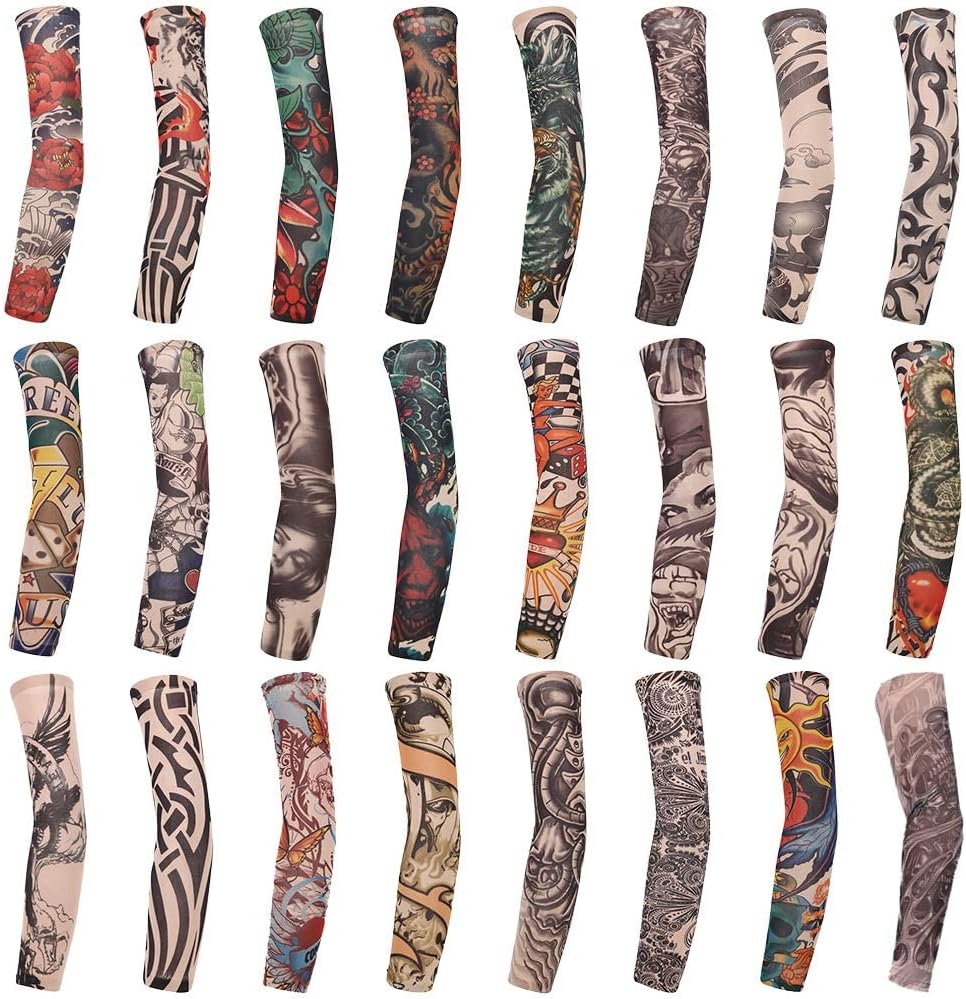 SPOKKI 24 PCS Fake Temporary Tattoo Sleeves Arm Sleeves for Party Body Art and Printed Sports Outdoor Cycling Activities UV Protection for Men Women