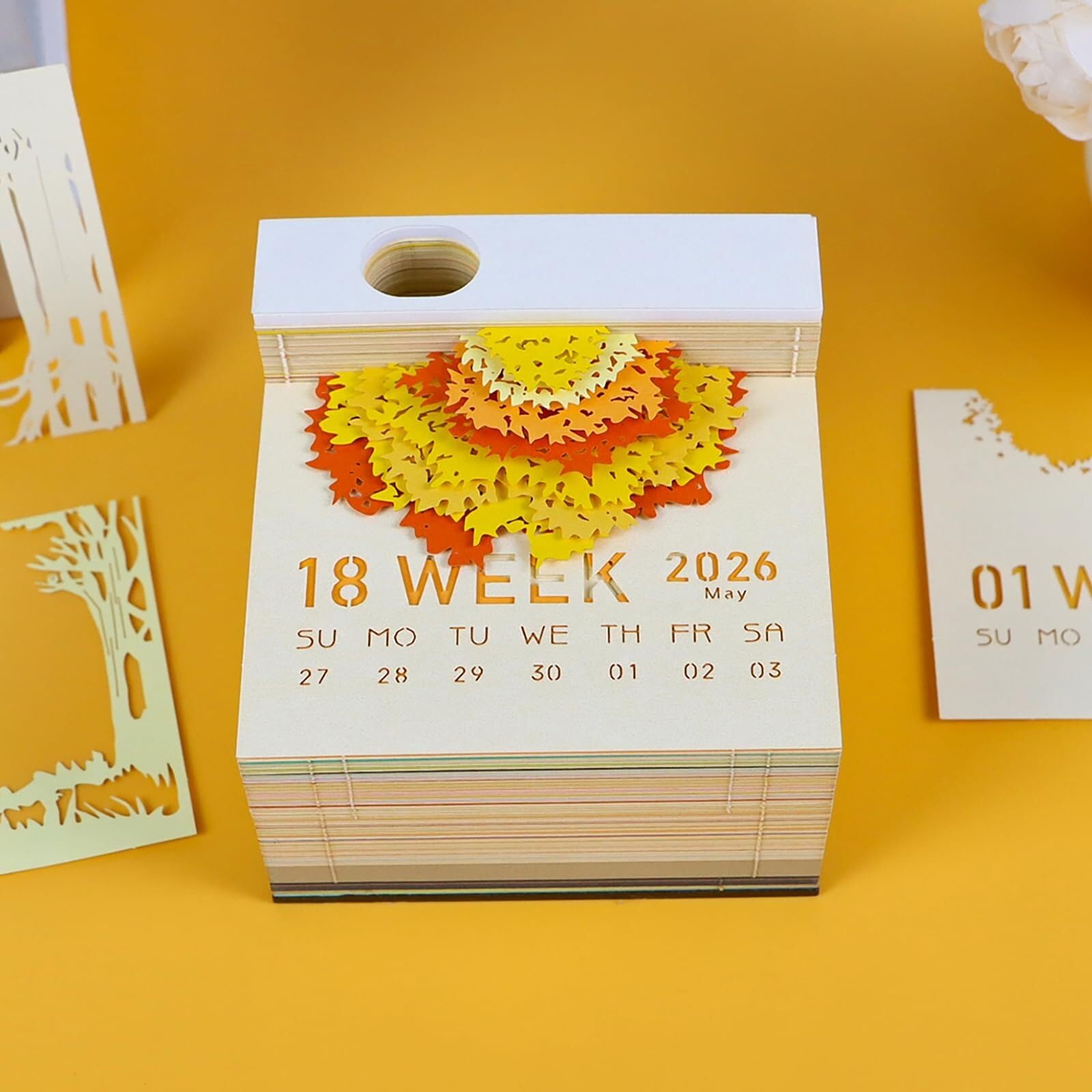 Motivationskalender Kalender 2026, Schreibtisch-Notizblock mit 3D-Katzenmotiv aus Papier, Geschenkidee Coole Geschenke für Kollegen(Four Seasons Tree-C,Without Light)