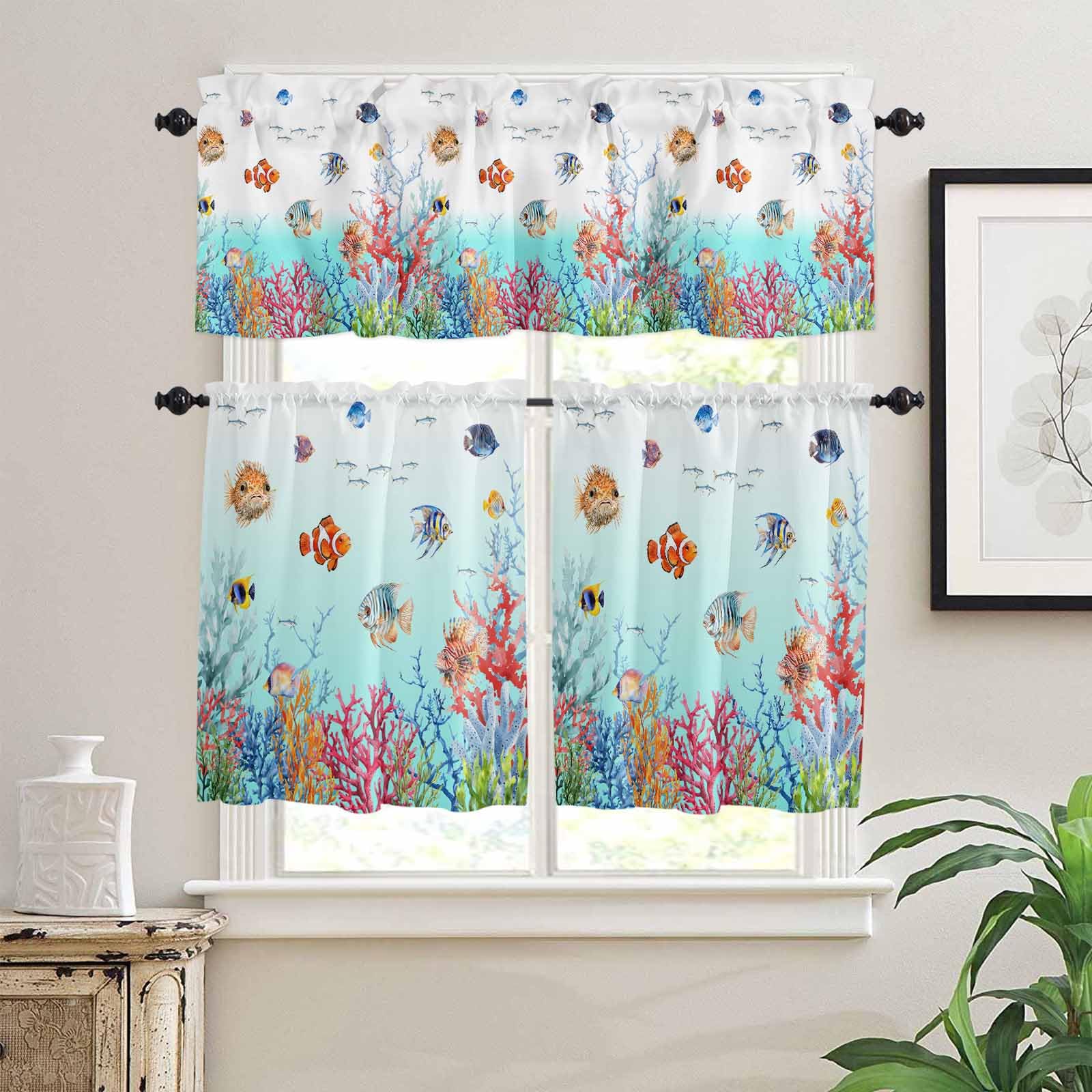 Turquoise Ocean Life Kitchen Curtains 24 Inch Length, 3 Piece Rod Pocket Small Half Tiers and Valance Set, Summer Coastal Coral Fishes Small Large Window Treatment Decor for Bedroom/Bathroom Sink