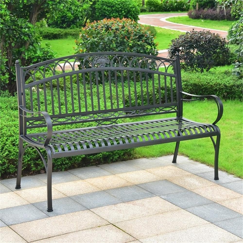 Pemberly Row Segovia Iron 3-Seater Outdoor Garden Bench, Antique Black Finish, Powder Coated All-Weather UV Resistant Durable Design for Patio, Sunroom, or Outdoor Living Spaces