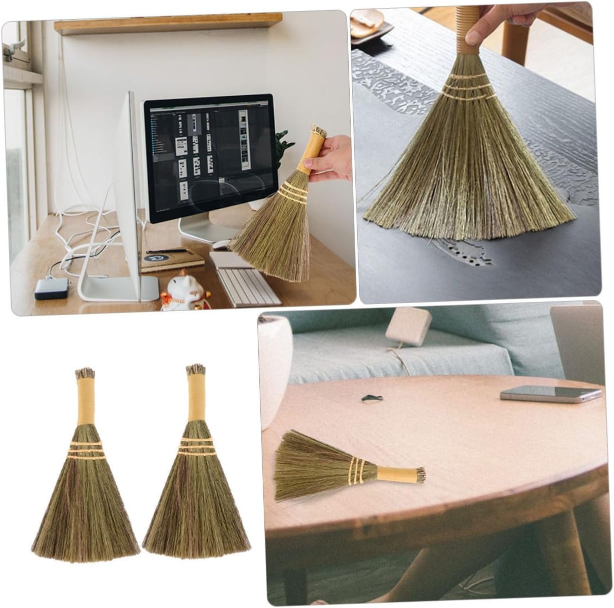 2pcs Small Hand Broom Desktop Sweeping Broom Natural Straw Manual Dust Cleaning Brush for Household Halloween Witch Decoration Random Color