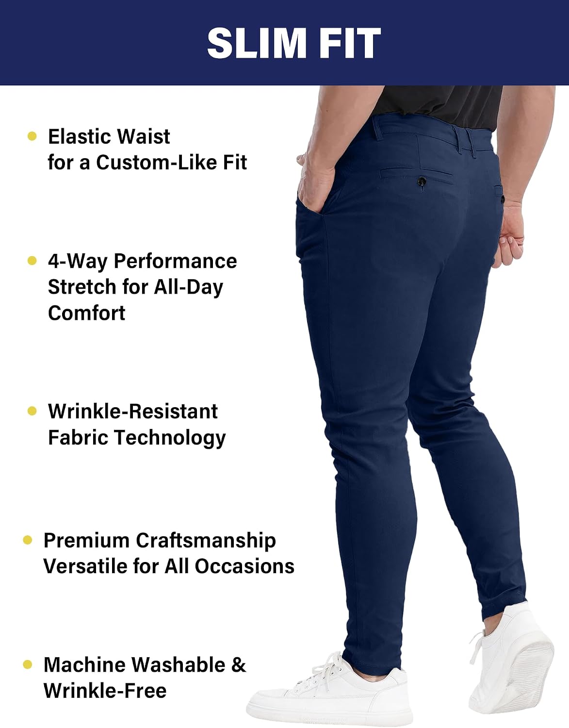 PLEPAN Men's Slim Fit Stretch Dress Pants Skinny Tapered Slacks Chino Trousers with Expandable Waist
