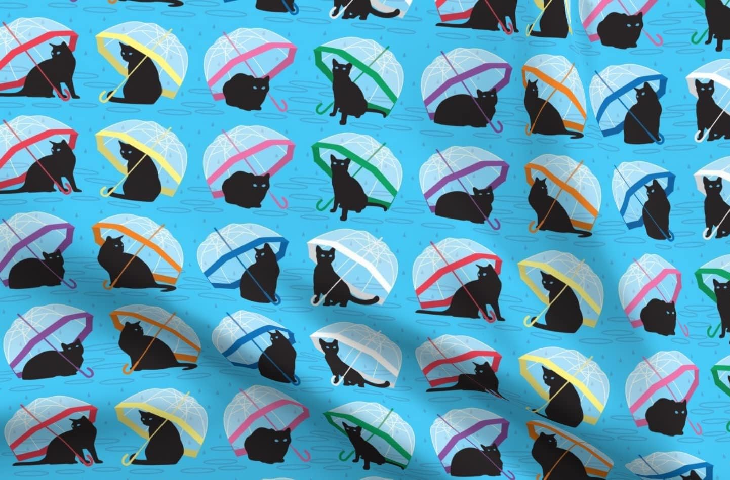 Spoonflower Fabric - Cats Cat Raindrops Rainbow Rainbows Umbrella Parasol Printed on Organic Cotton Sateen Fabric by The Yard - Sewing Quilting Apparel Home Decor