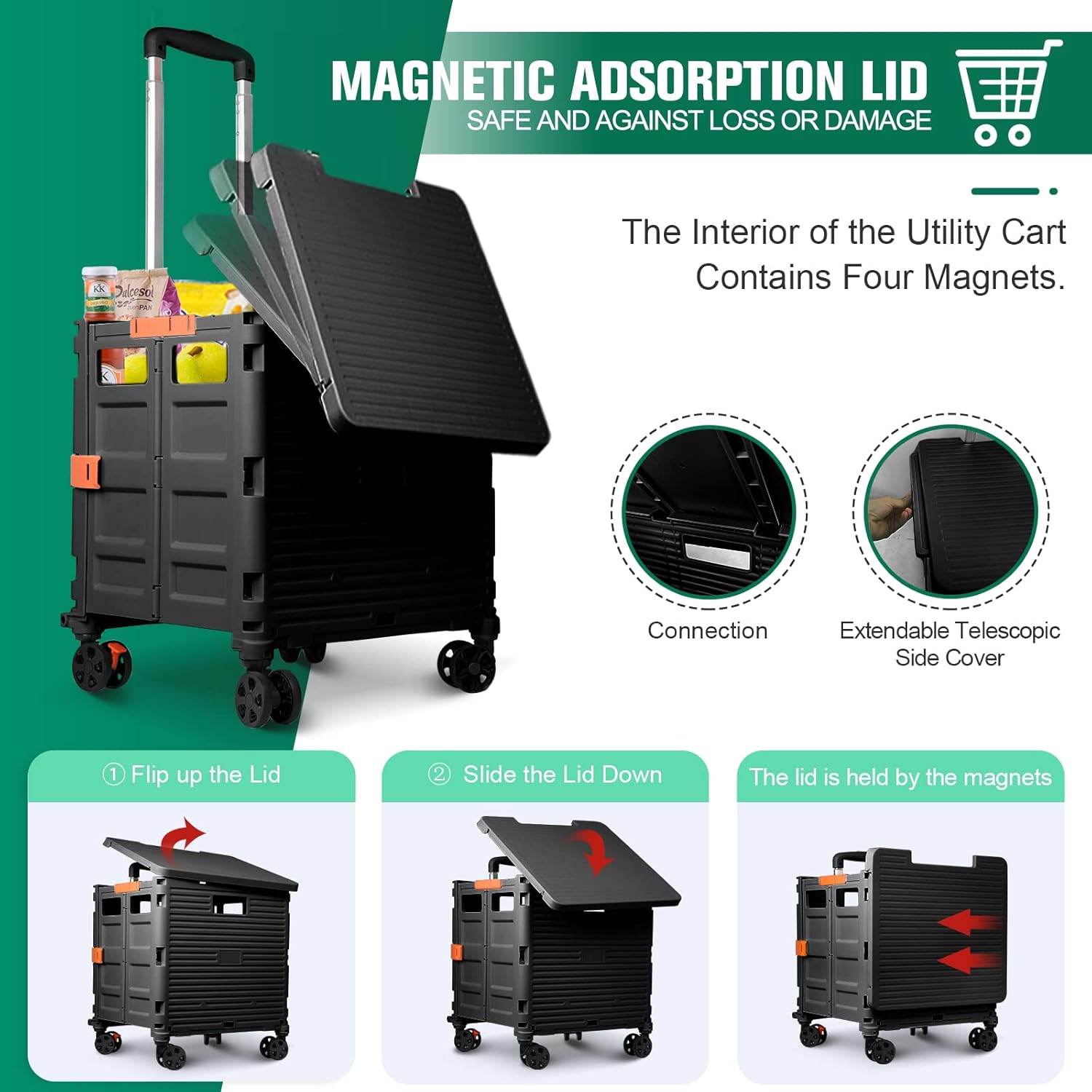 felicon selorss folding utility cart portable rolling crate handcart with magnetic sliding lid telescoping handle plastic box dolly 360°swivel wheels for travel shop move office teacher(black pro) black by10-magnetic extended lid