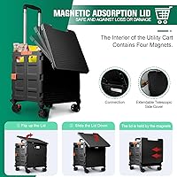 Vista 16 de FELICON SELORSS - Carrito plegable portátil con ruedas para subir escaleras y ruedas giratorias de 360°, mango telescópico, caja de plástico