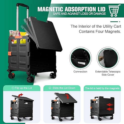 Miniatura 16 de FELICON SELORSS - Carrito plegable portátil con ruedas para subir escaleras y ruedas giratorias de 360°, mango telescópico, caja de plástico