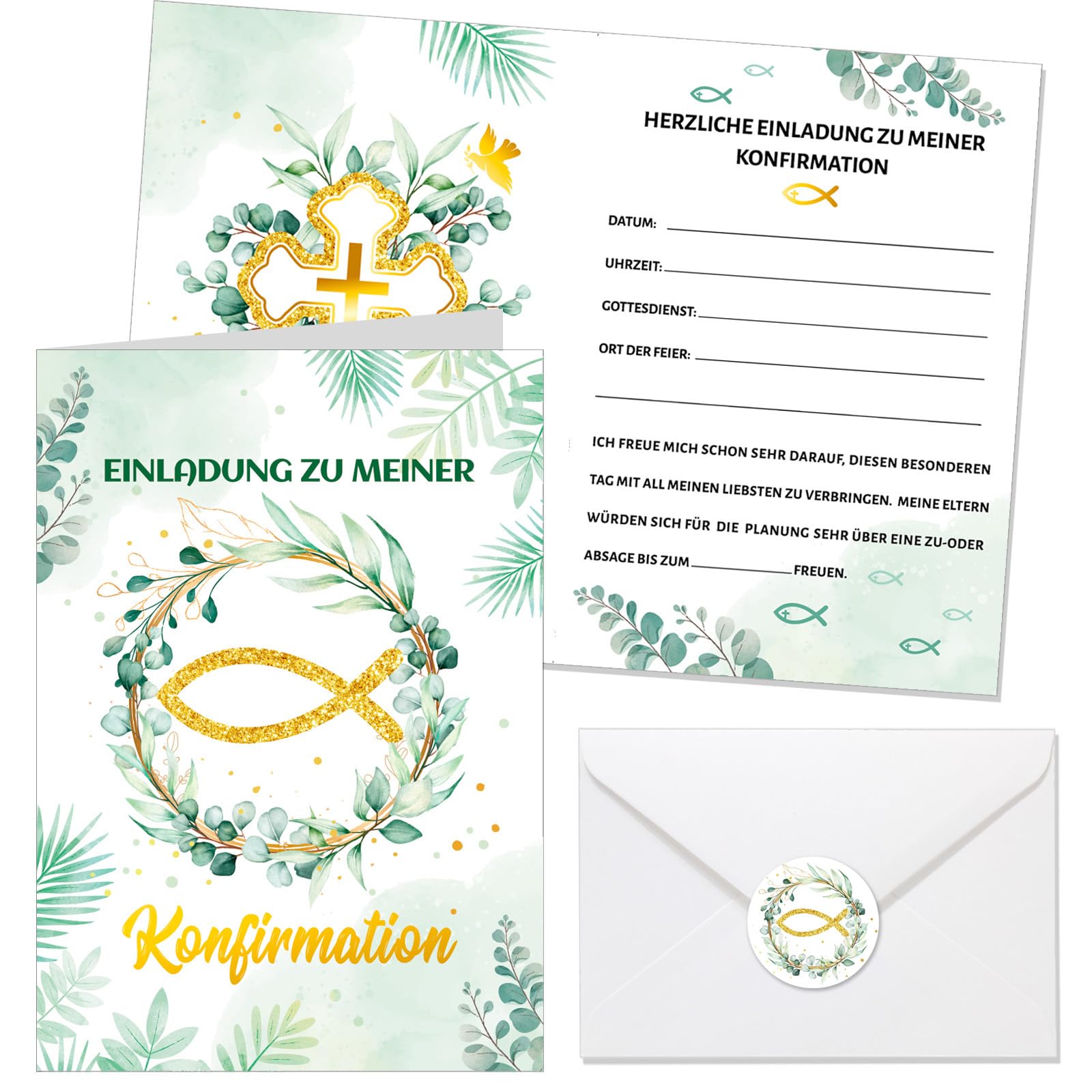 HOWAF 12 Einladungskarten Konfirmation mit Umschlägen Aufkleber, Einladung Konfirmation Einladungskarten Eucalyptus Fisch Karte für Jungen Mädchen Firmung Deko