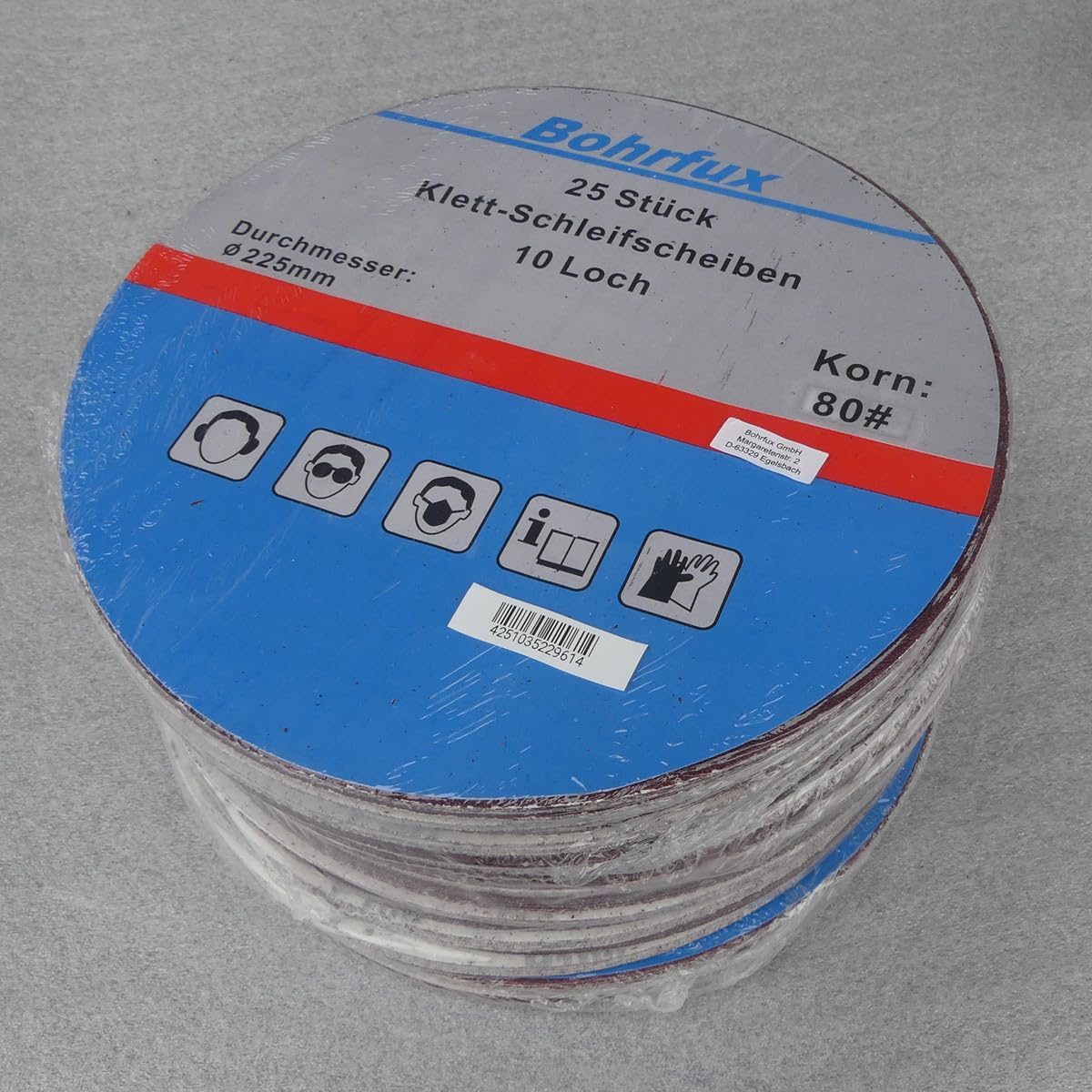 100 discos abrasivos de KLETT Ø 225 mm con 10 agujeros, grano P80, lijadora excéntrica de cuello largo, lijadora orbital de Bohrfux