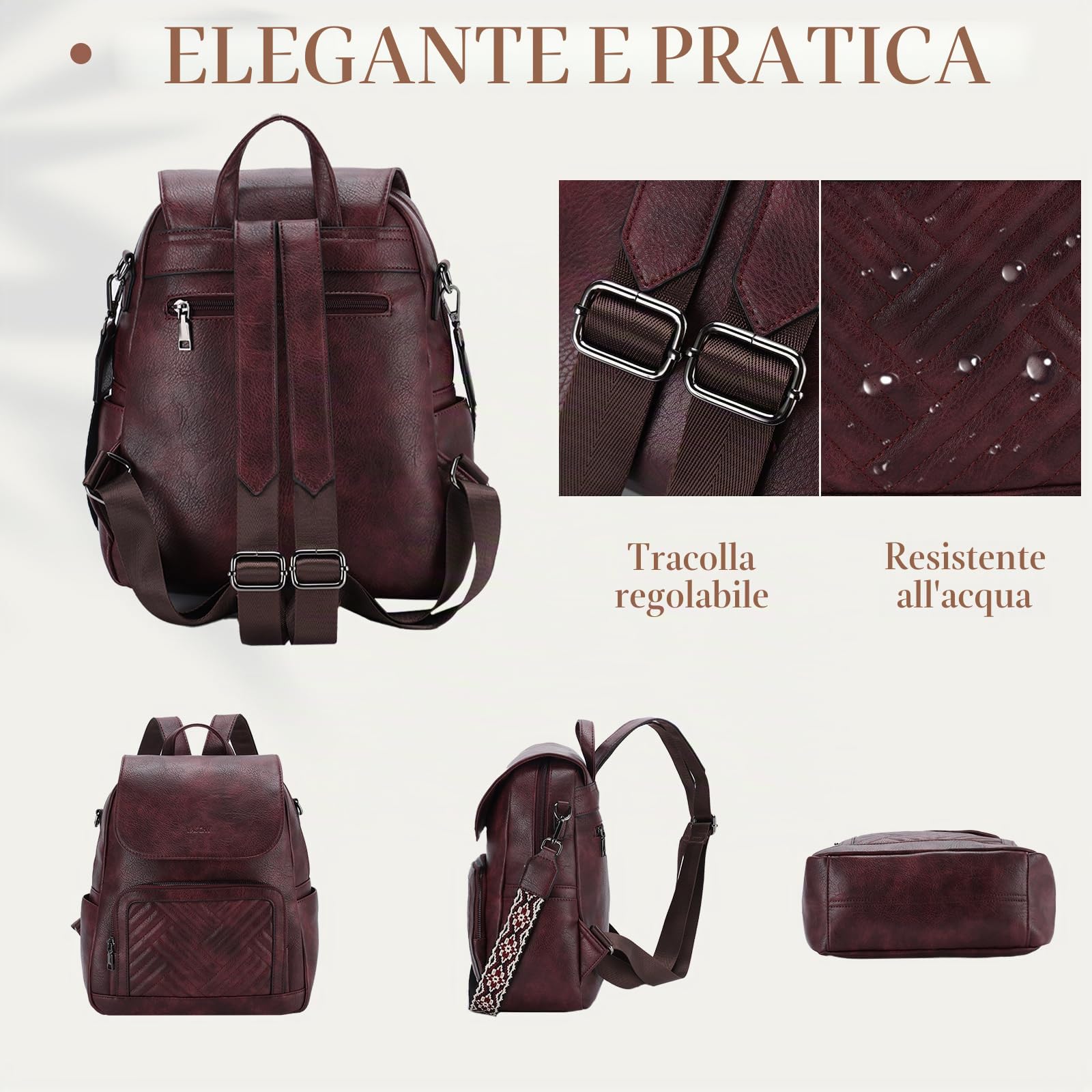 VASCHY Zaino Donna Elegante Zaini da Donna Piccolo Zainetto Donna Pelle Zaino da Viaggio/Lavoro/Scuola/Università Borgogna