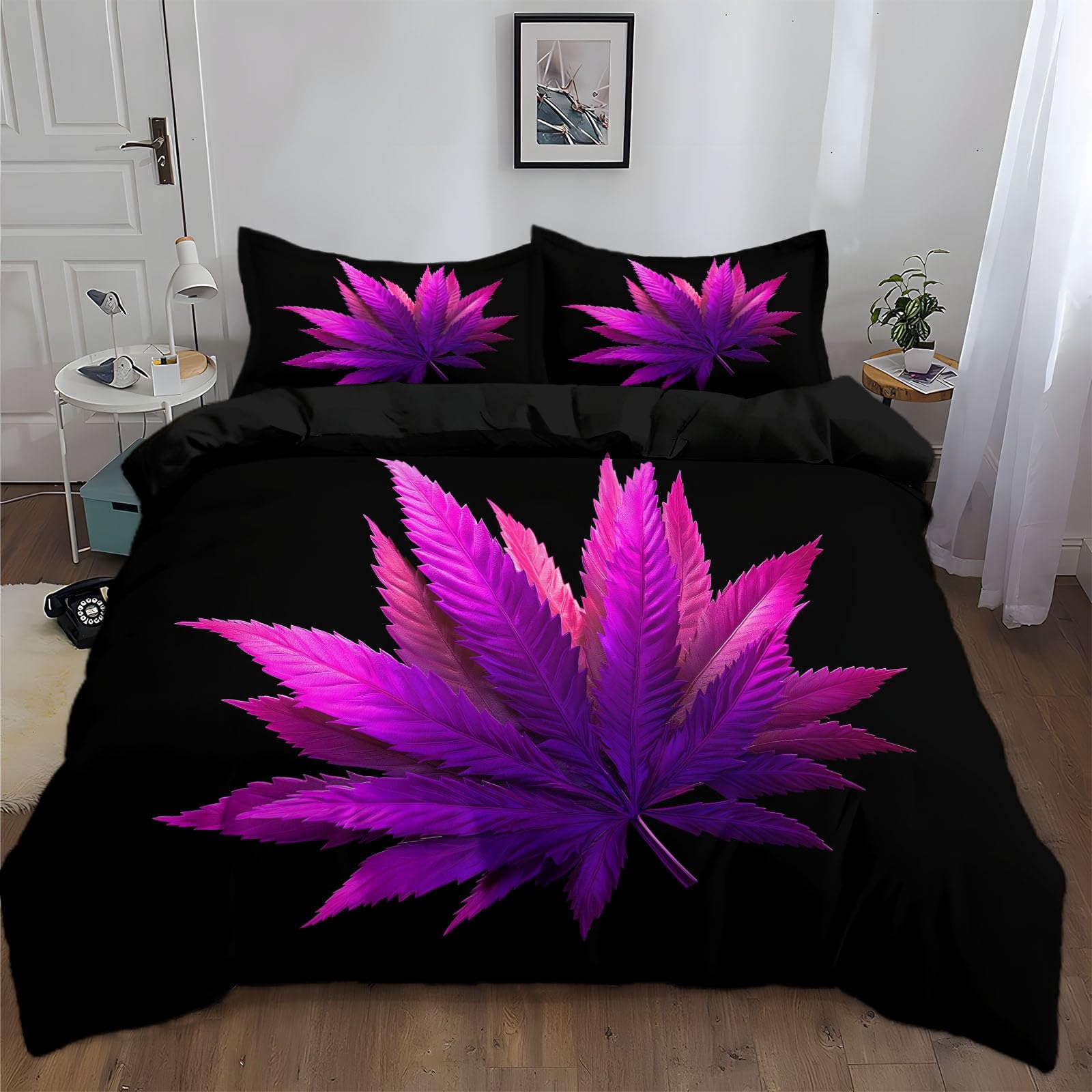 Housse de couette 3D motif feuille néon 240x260抗皱易打理双人微纤维床品套件