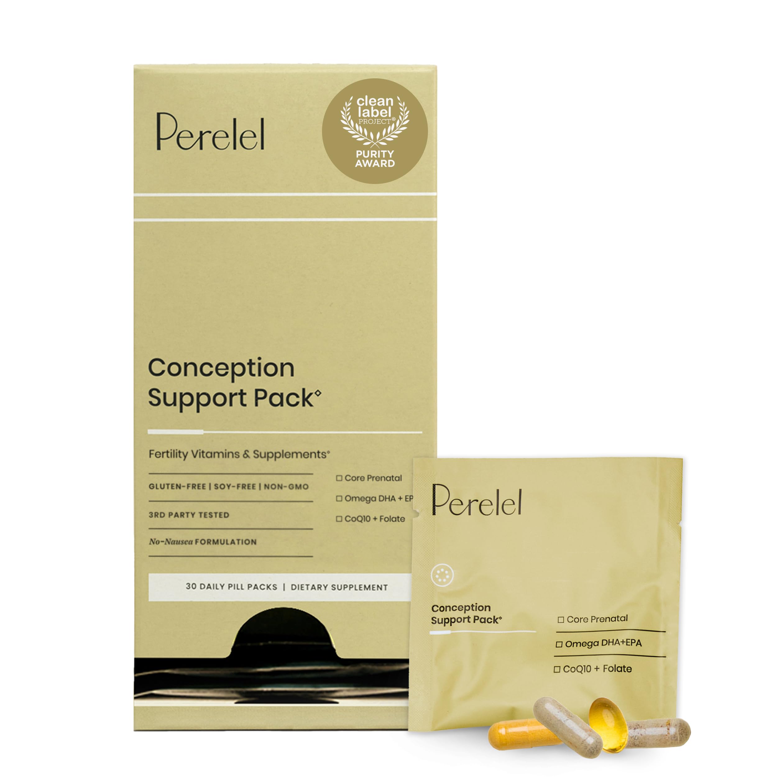 Perelel Conception Support Pack, Prenatal Multivitamin with DHA Omega 3, COQ10 & Folate, Supports Fertility Wellness for Women, Soy & Gluten Free, Non GMO, 30 Daily Pill Packs