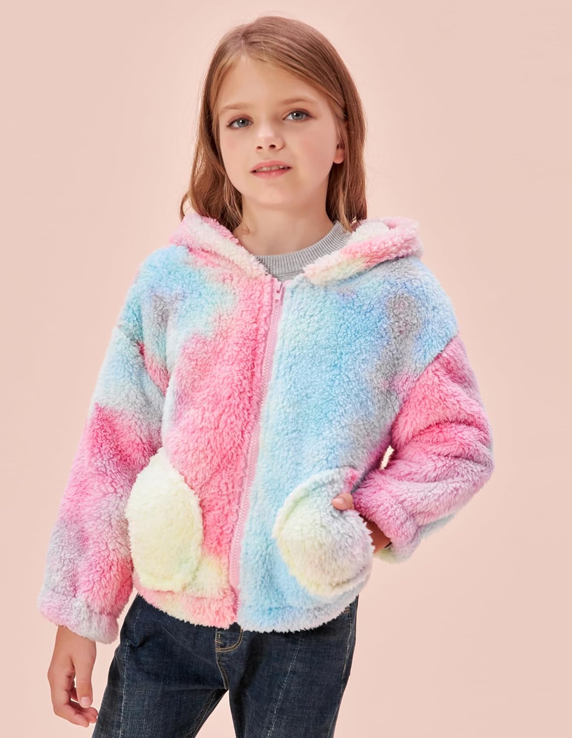GRACE KARIN Girls Fleece Jacket Zip Up Sherpa Coat Kids Fall Hoodie Fuzzy Sweatshirt Size 5-14 Pink Tie-dye 7 Years image 2 of 8 B0FFBC74YV