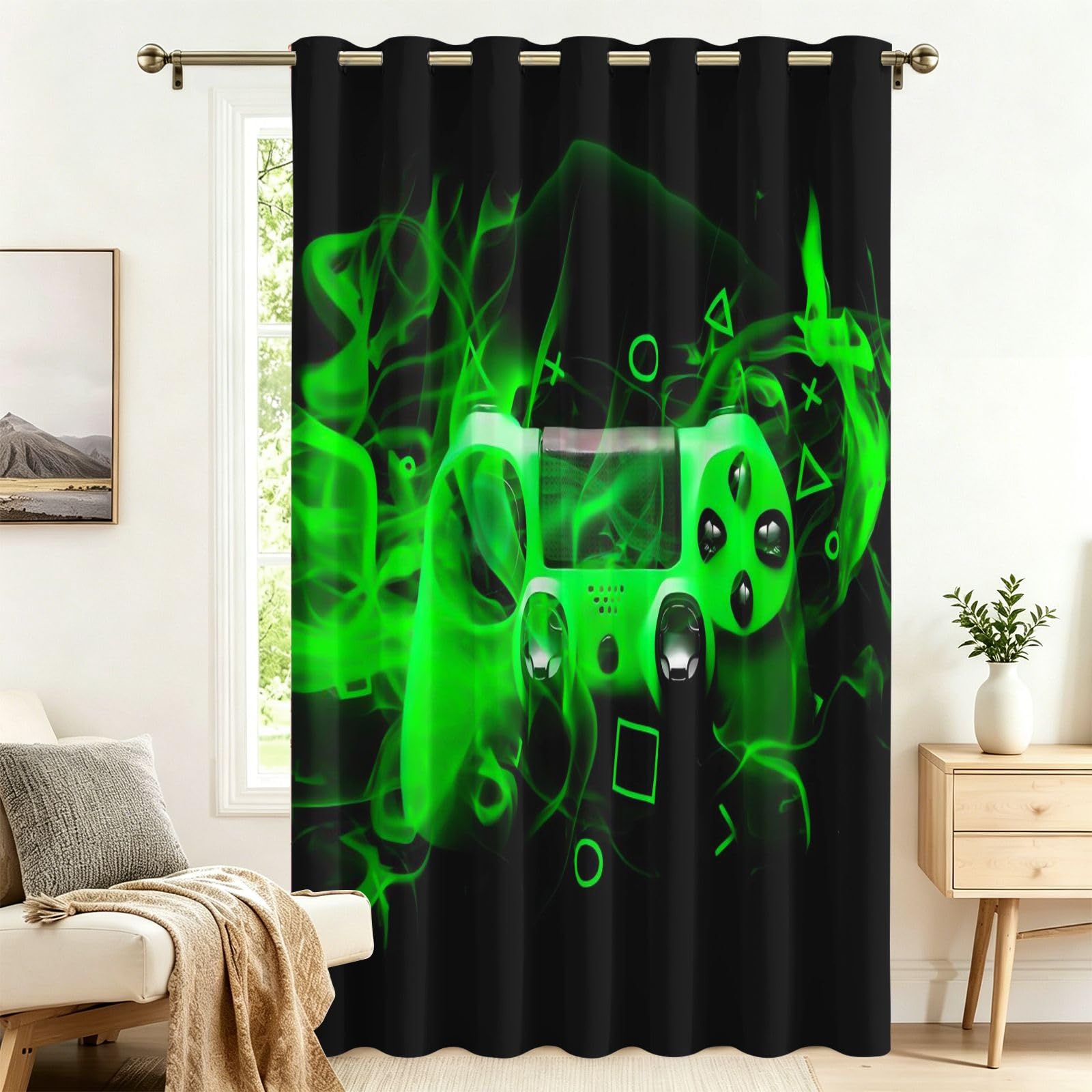 Fadaing Green Gaming Controller Curtains with Eyelets, Thermal Curtain, Heat Protection, 137 x 132 cm, Door Curtains, Heat Protection, Outdoor, Cold Protection, Bedroom, Living Room, Window Decoration