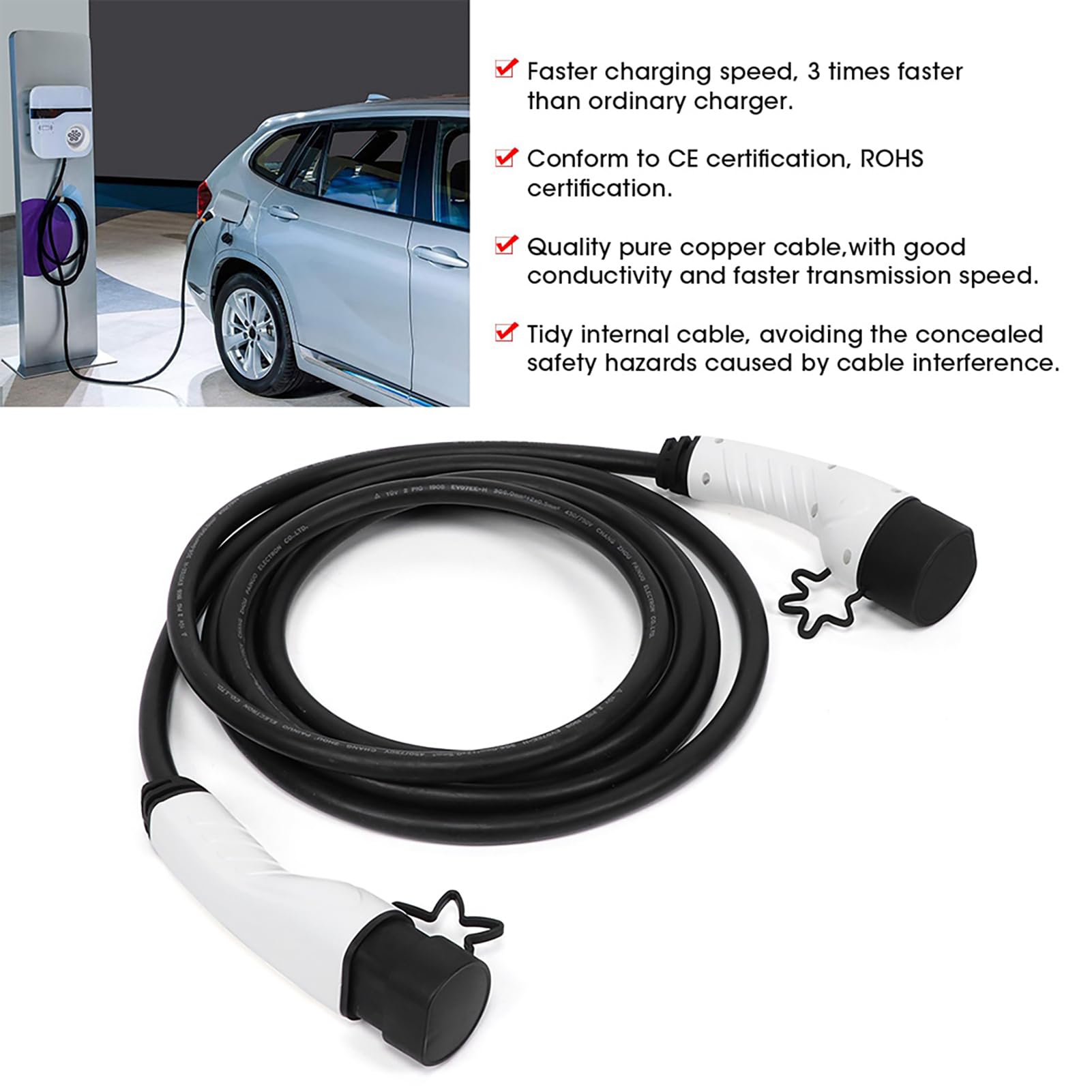Cargador EVSE Estación de Carga para Automóvil Eléctrico con Conectores Chapados en Plata de Aleación de Cobre Cable de 16.4 Pies 220 V A 250 V 16 A Carga Rápida para el Hogar Garaje