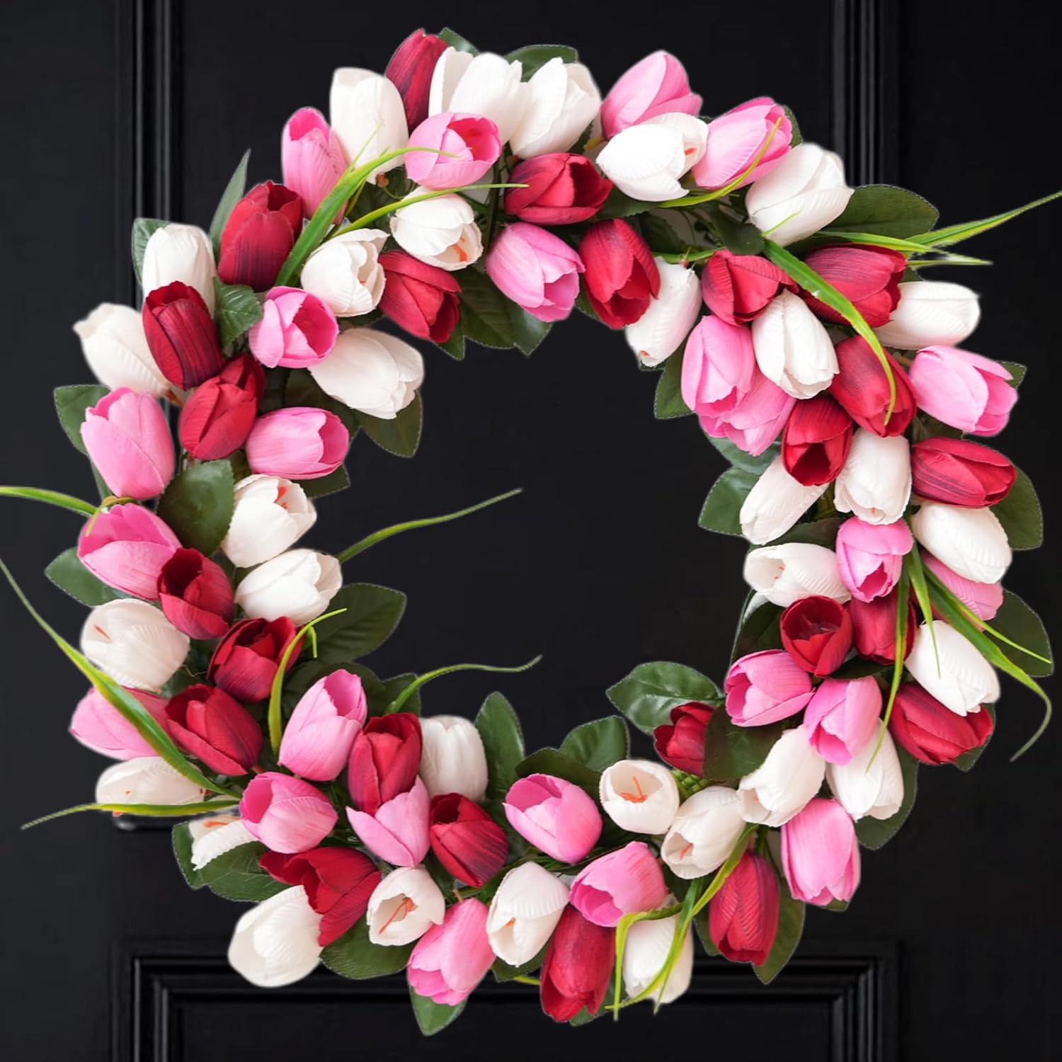 24 Inch Spring Valentine Tulip Wreath for Front Door, Pink White Tulip Floral Wreaths Door Decor for Indoor Outdoor, Valentine Wedding Decoration Wreaths